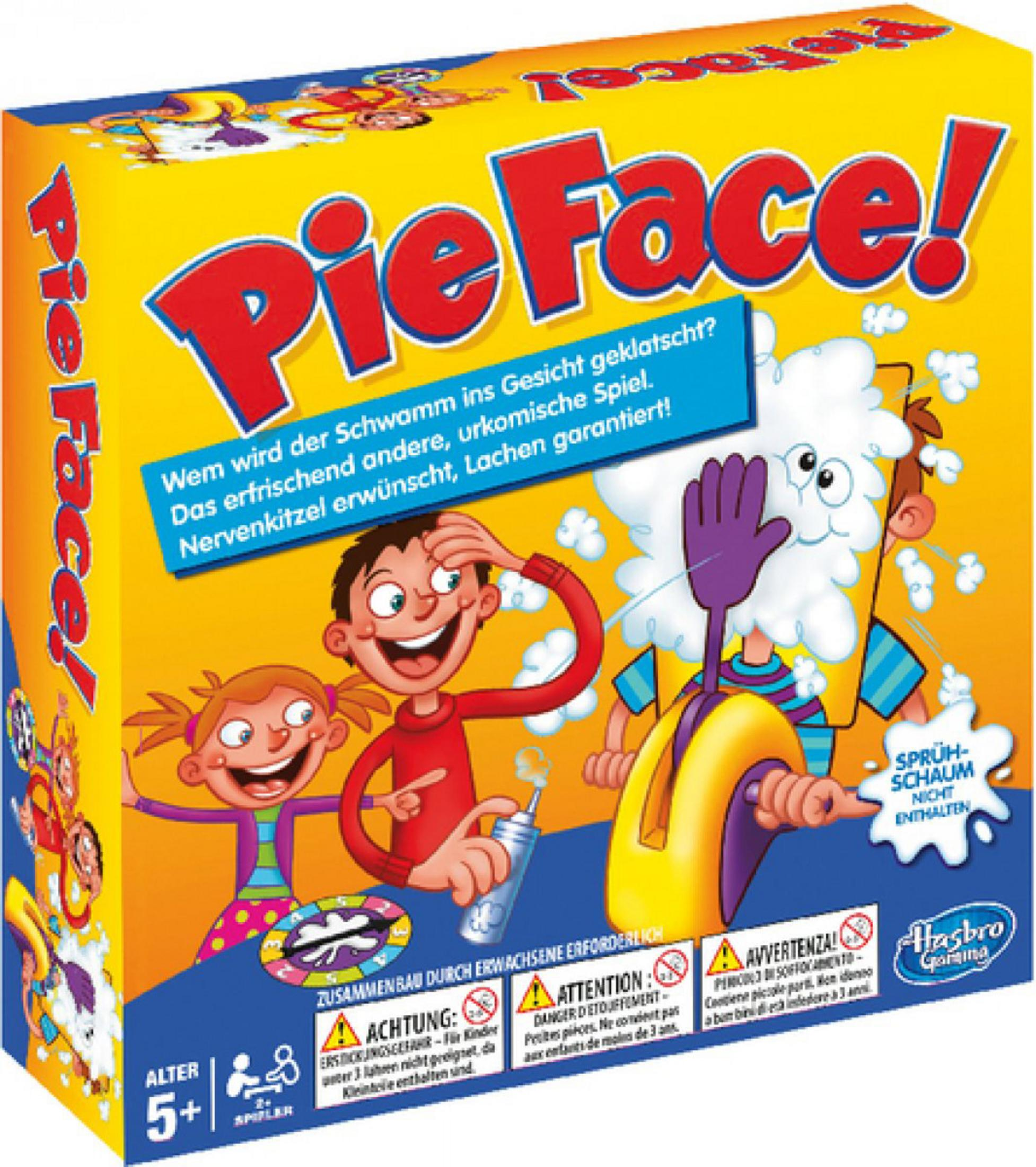 Brettspielverpackung mit Cartoon-Kindern, die sich gegenseitig mit Schaum bespritzen.