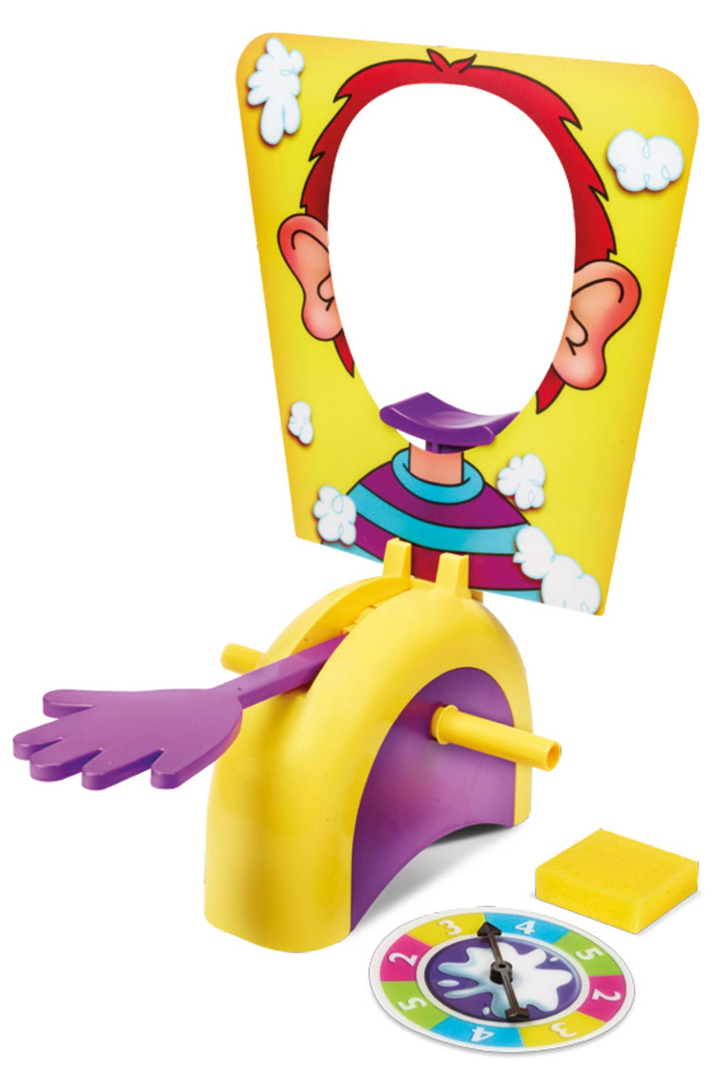 Ein Spiel mit einem gelben und violetten Gestell, das eine Hand hält.