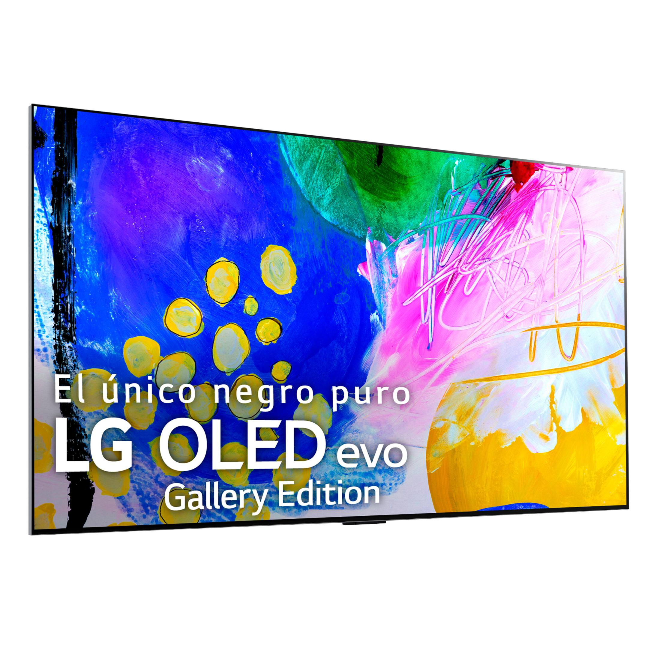 Ein LG OLED evo Fernseher mit abstraktem, buntem Hintergrund. Text: El único negro puro LG OLED evo Gallery Edition.