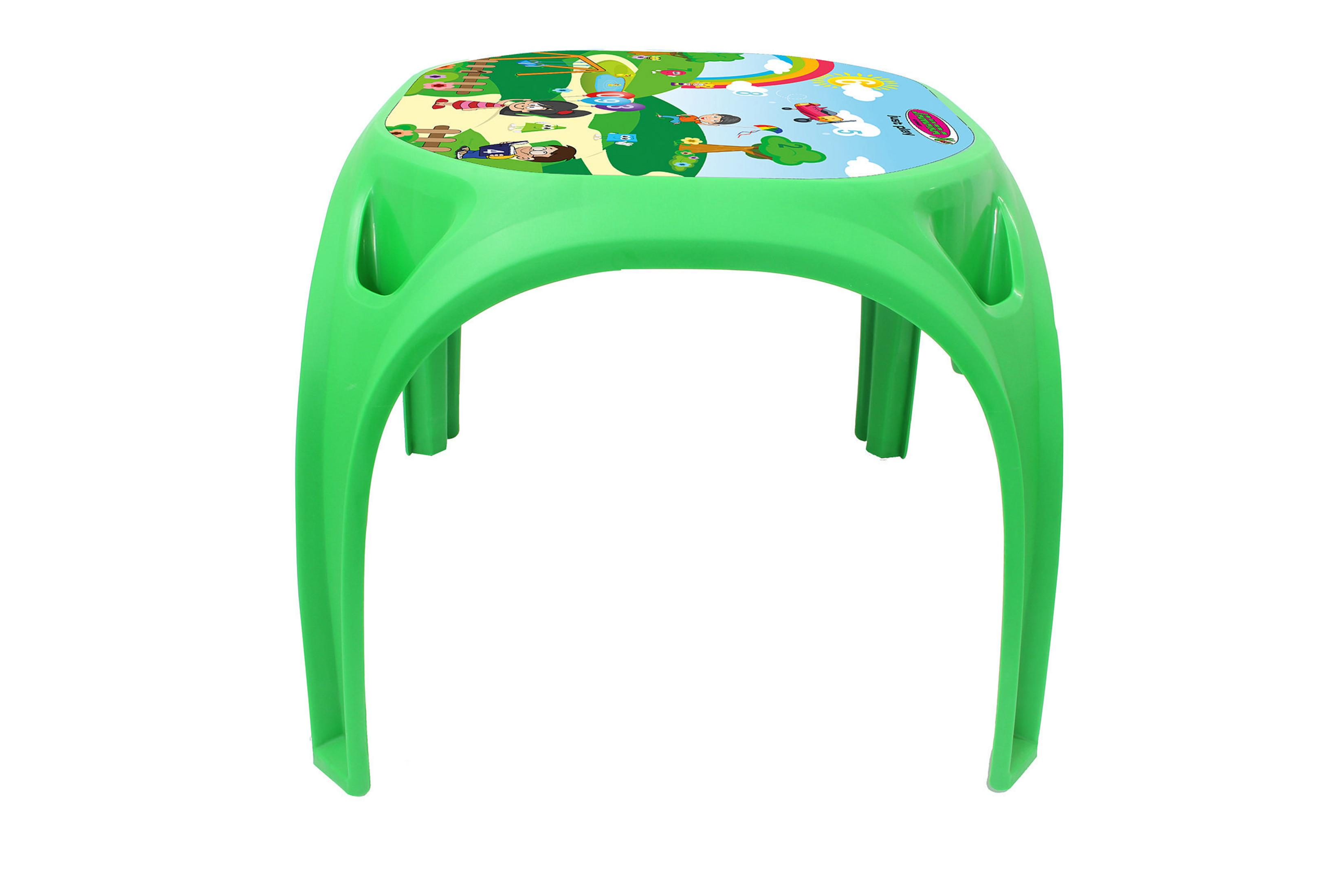 Grüner Kindertisch mit bunten Bildern von Kindern, Tieren und einem Regenbogen.