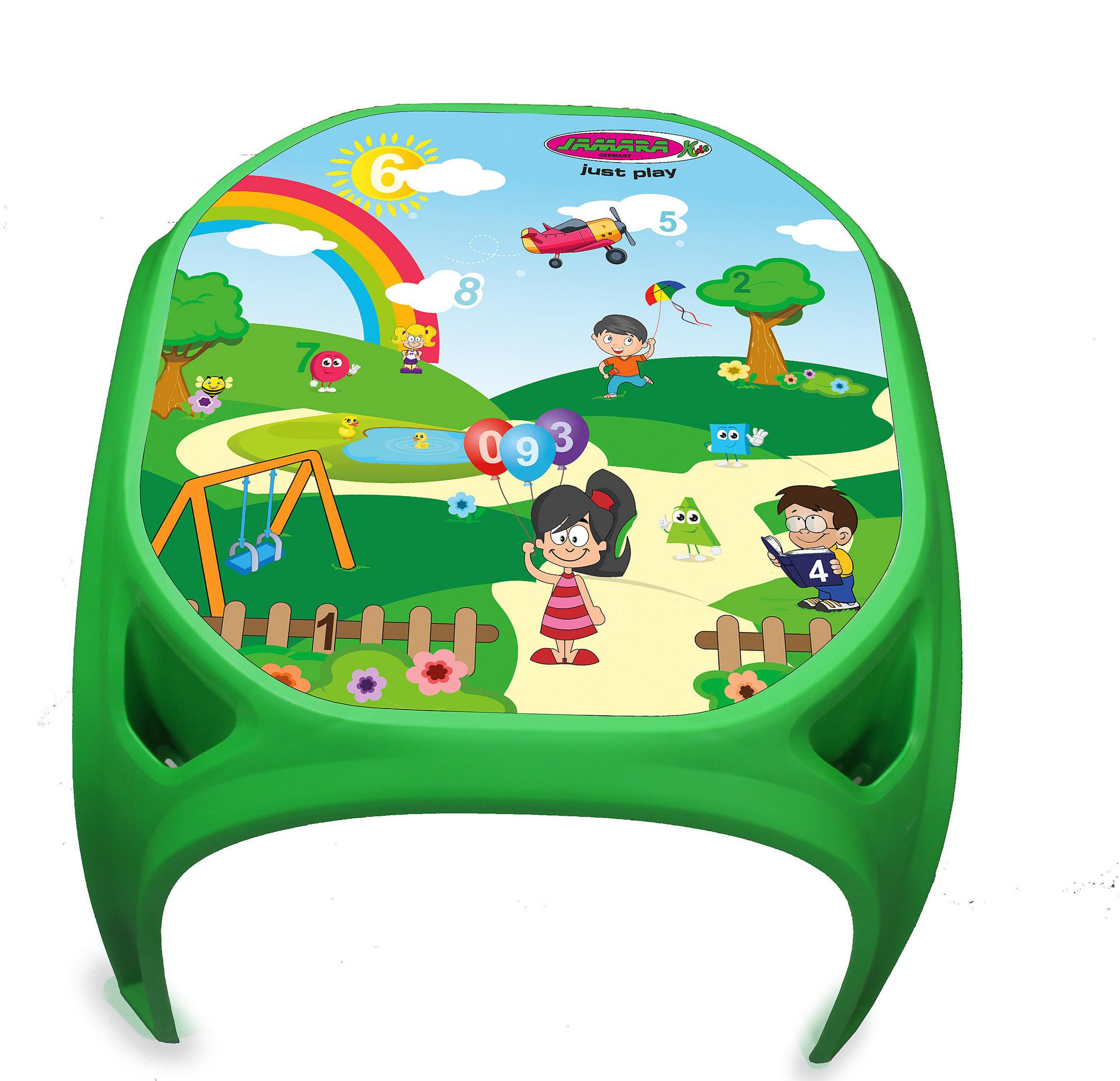 Grüner Spieltisch mit fröhlicher Szenenillustration, Zahlen und Figuren.