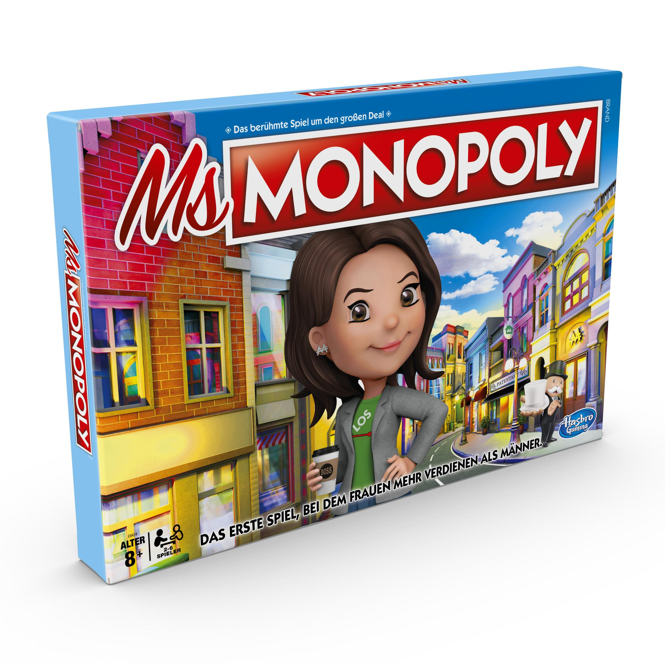 Schachtel des Spiels Ms. Monopoly mit einer Frau und Stadtgebäuden.