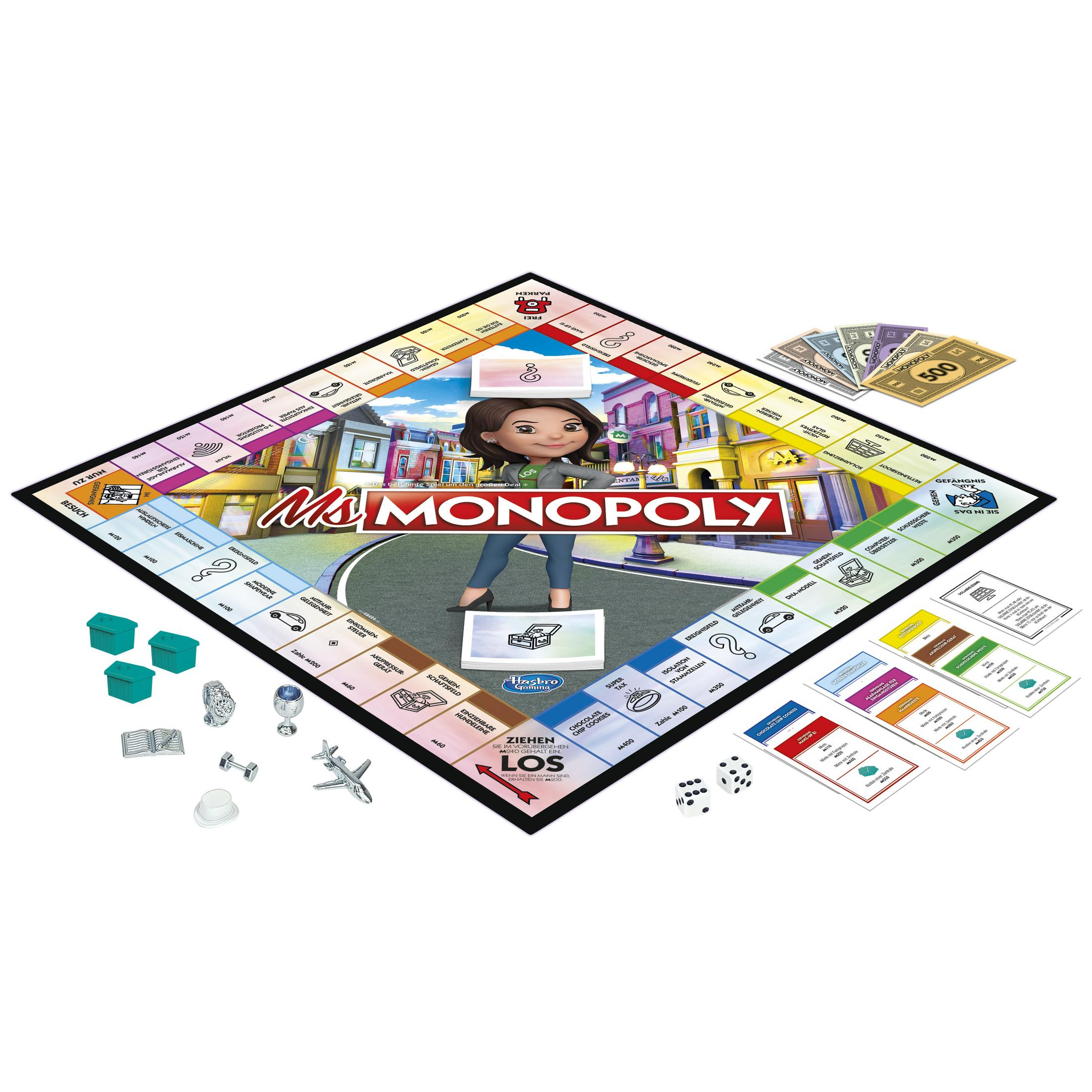 Ms. Monopoly Brettspiel mit Spielfiguren, Häusern, Geld und Karten.