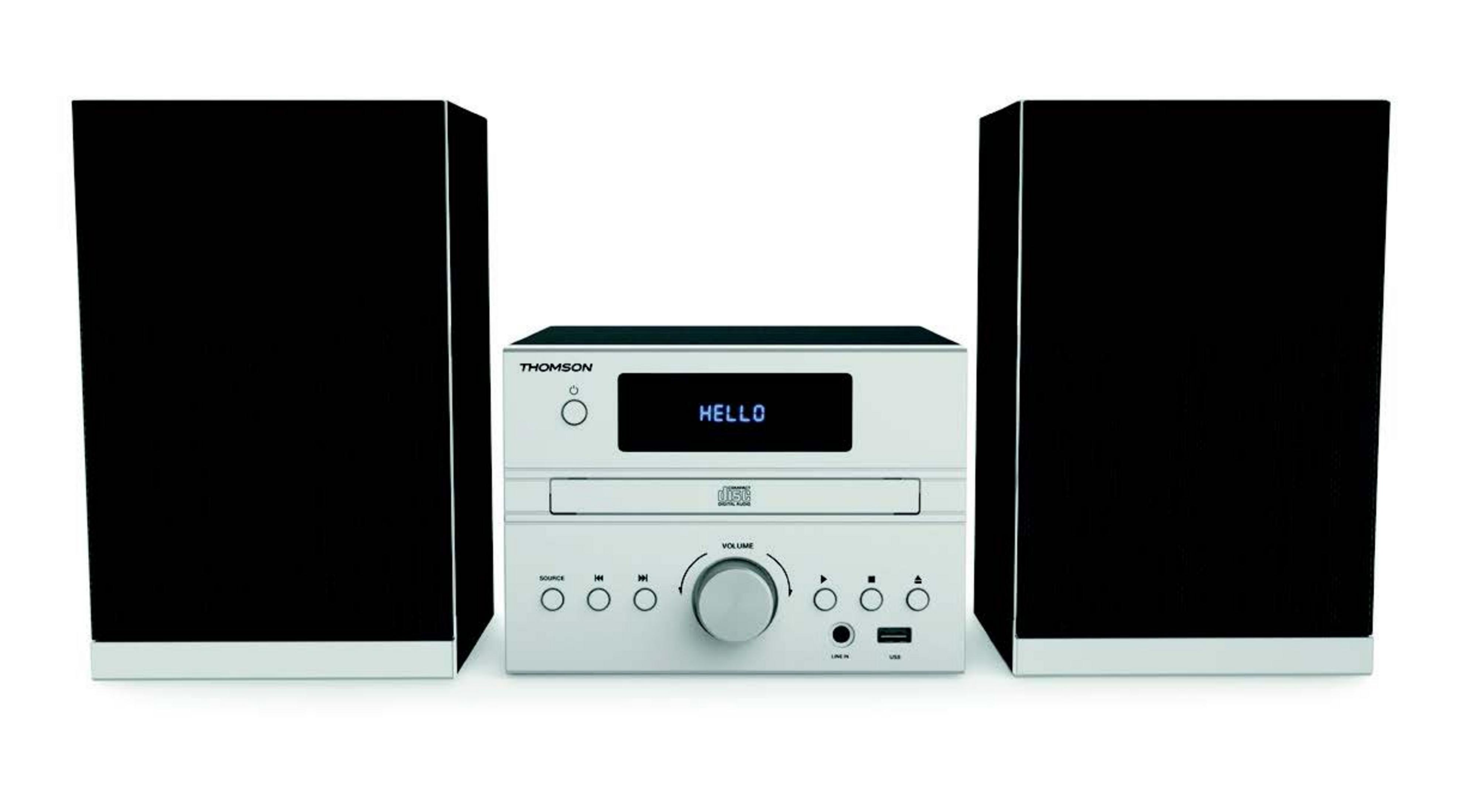 Un impianto stereo Thomson con lettore CD, casse nere e display luminoso.