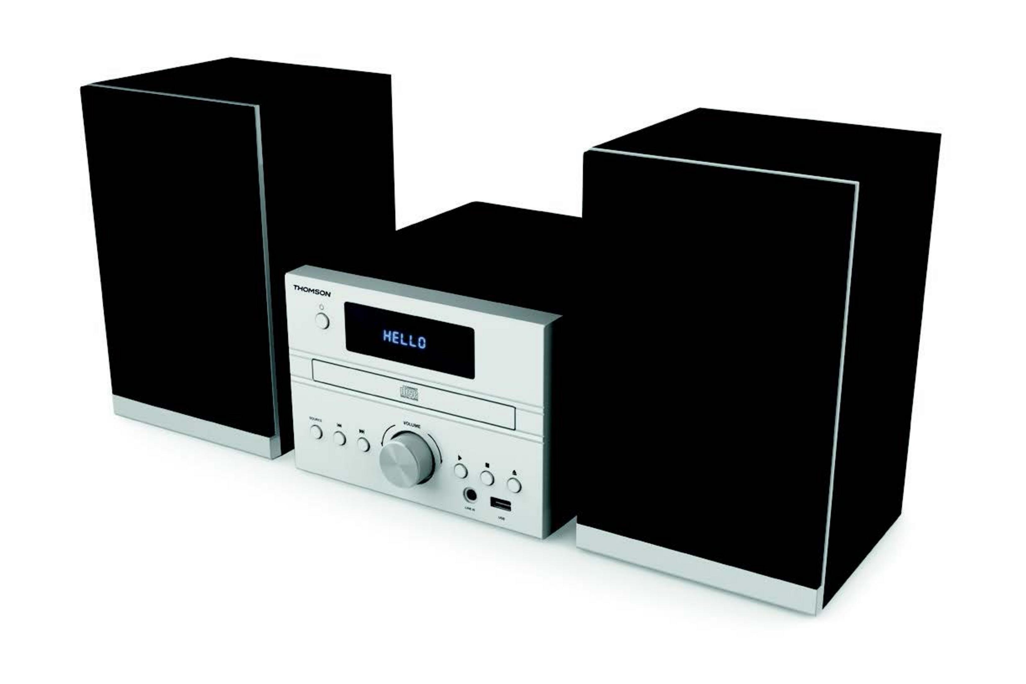 Un impianto stereo CD Thomson argentato con due altoparlanti neri.