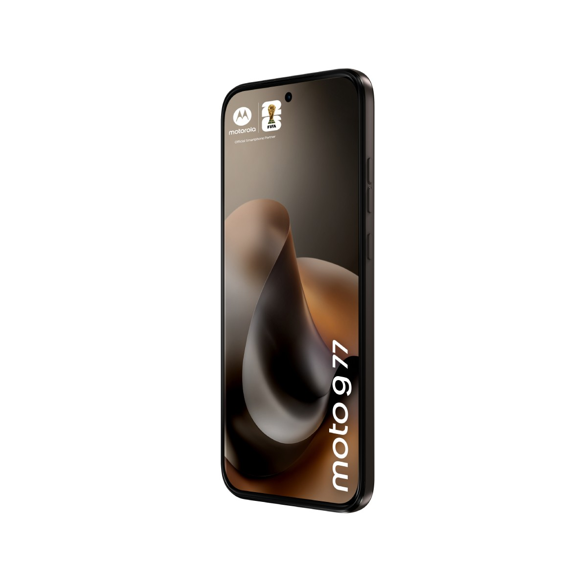 Czarny smartfon Motorola Moto G77 z logo FIFA na ekranie.