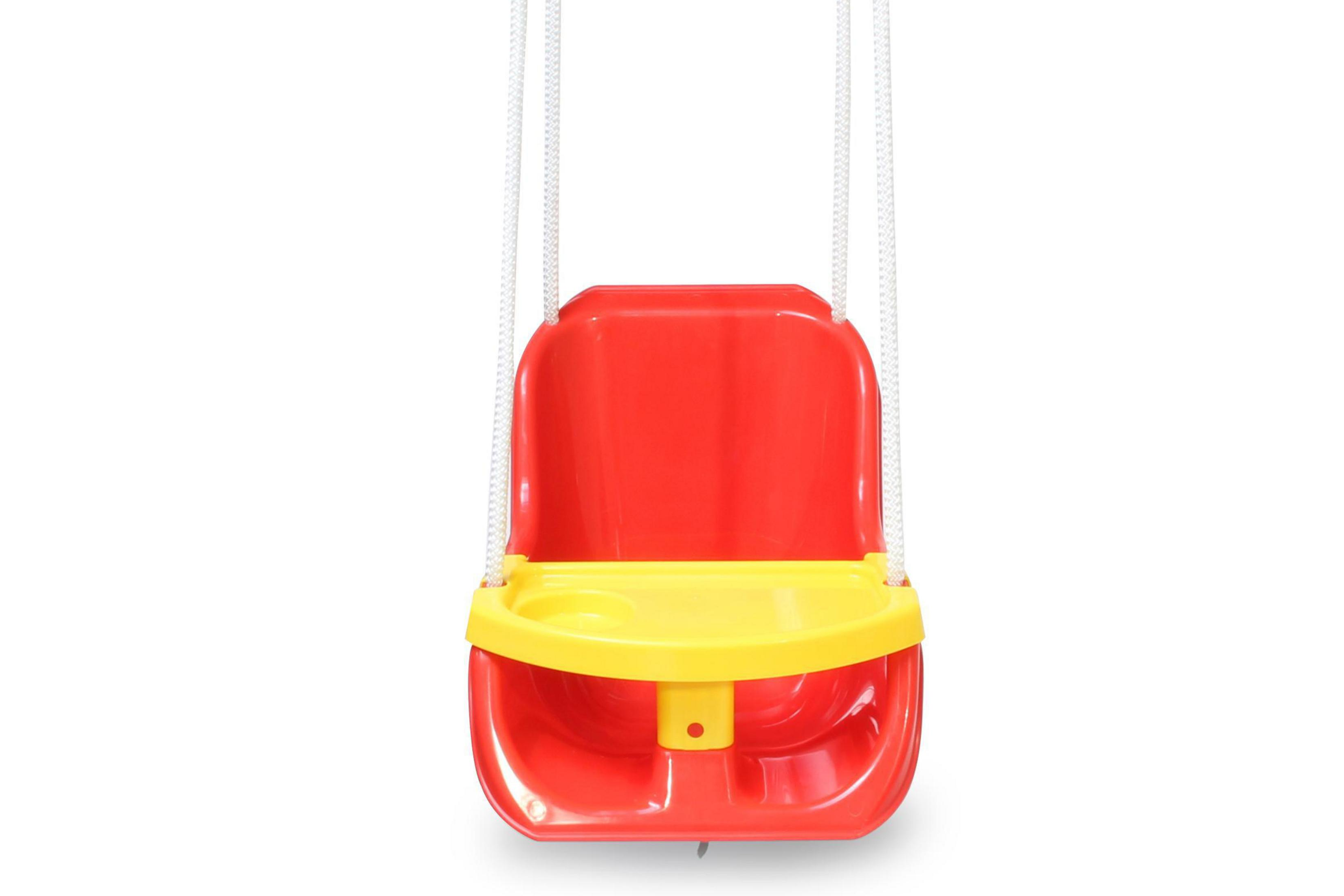 Ein roter Kinderschaukelsitz mit gelber Sitzfläche und Seilen.
