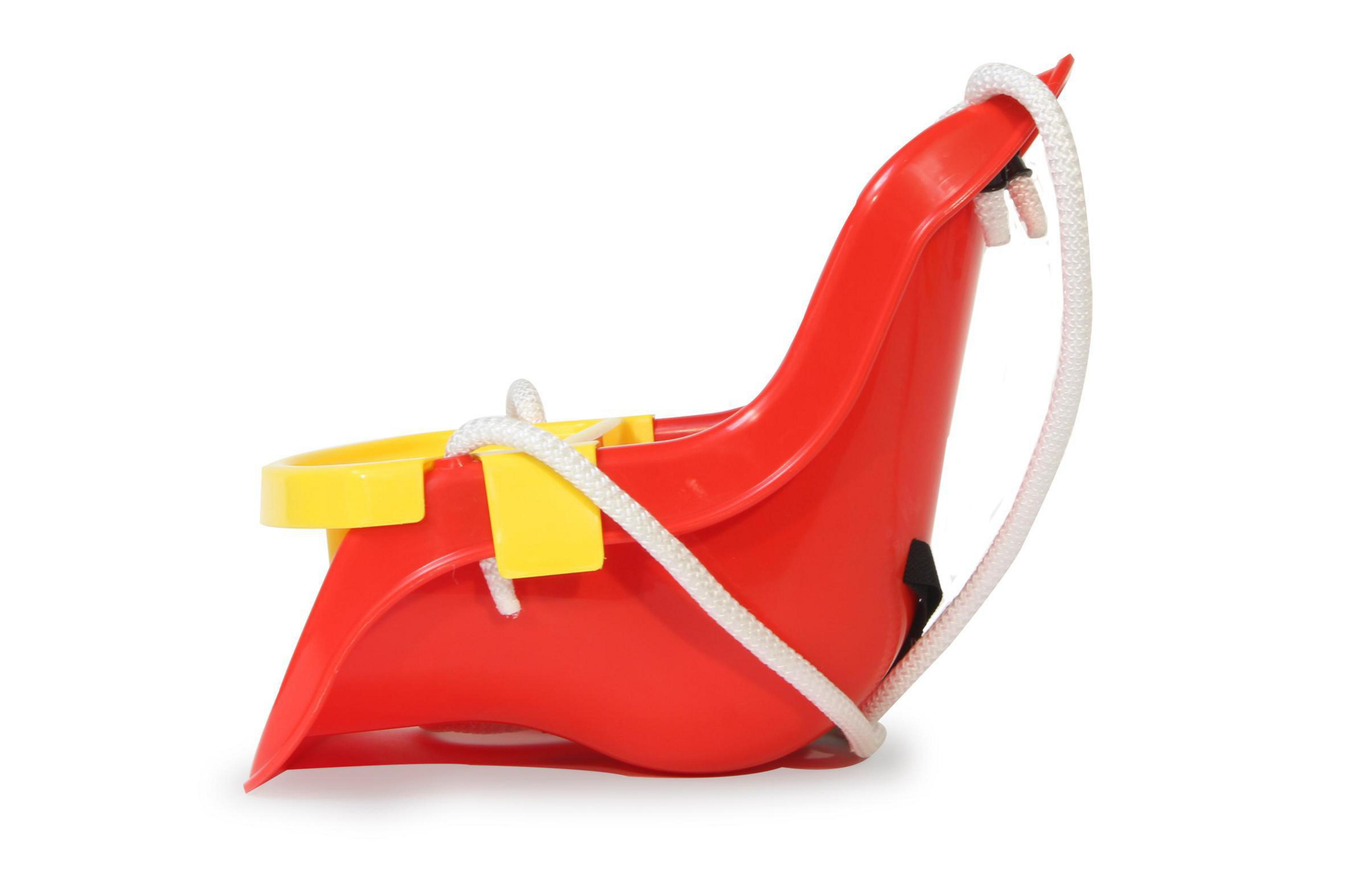 Rote und gelbe Kinderschaukel mit Seil.