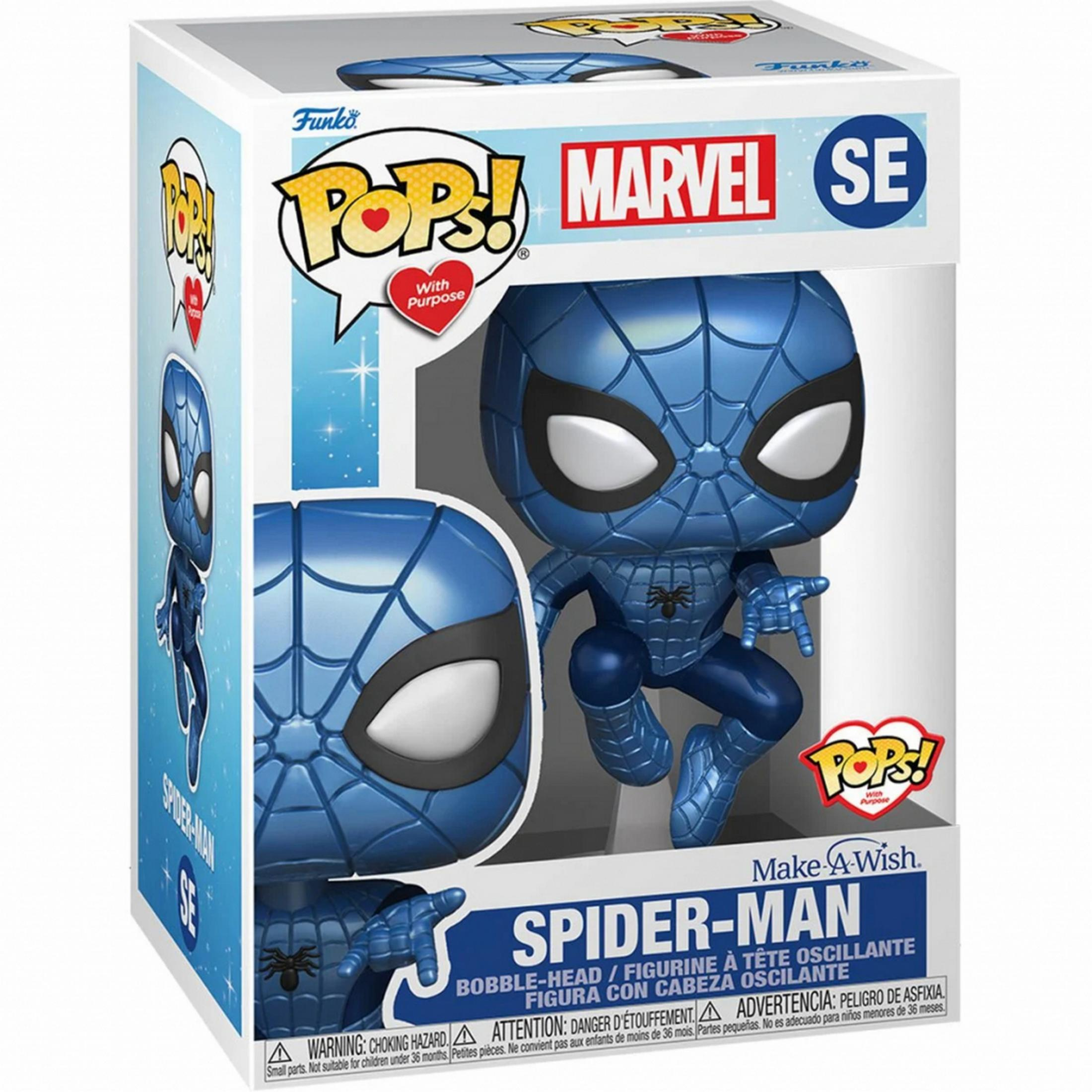 Action figure Funko Pop! blu di Spider-Man in scatola con logo Marvel e Make-A-Wish.