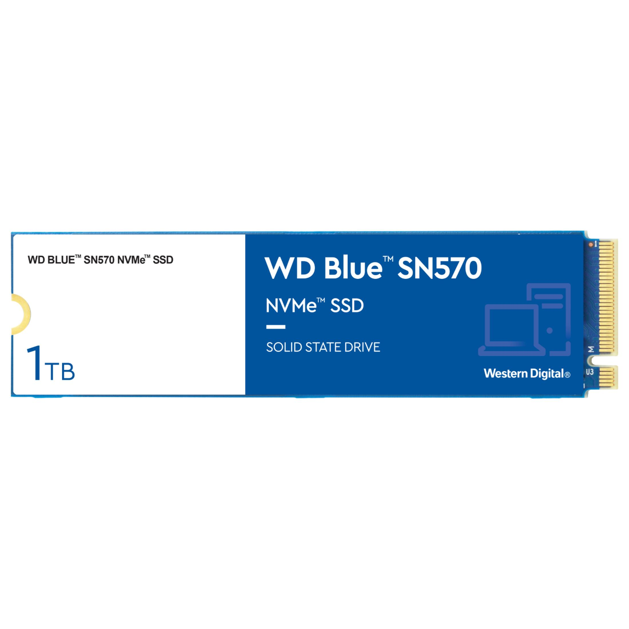 Un SSD NVMe blu WD Blue SN570 da 1TB con connettori dorati.