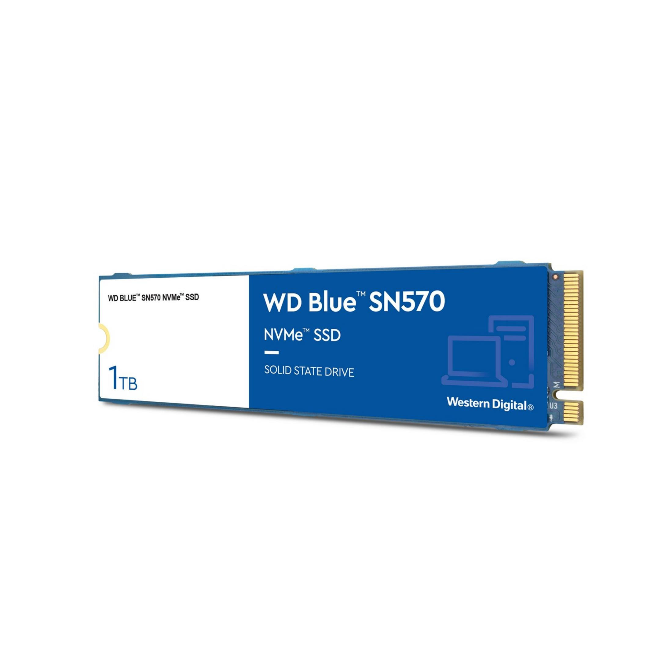 Un SSD NVMe WD Blue SN570 da 1TB con stampa blu su sfondo bianco.