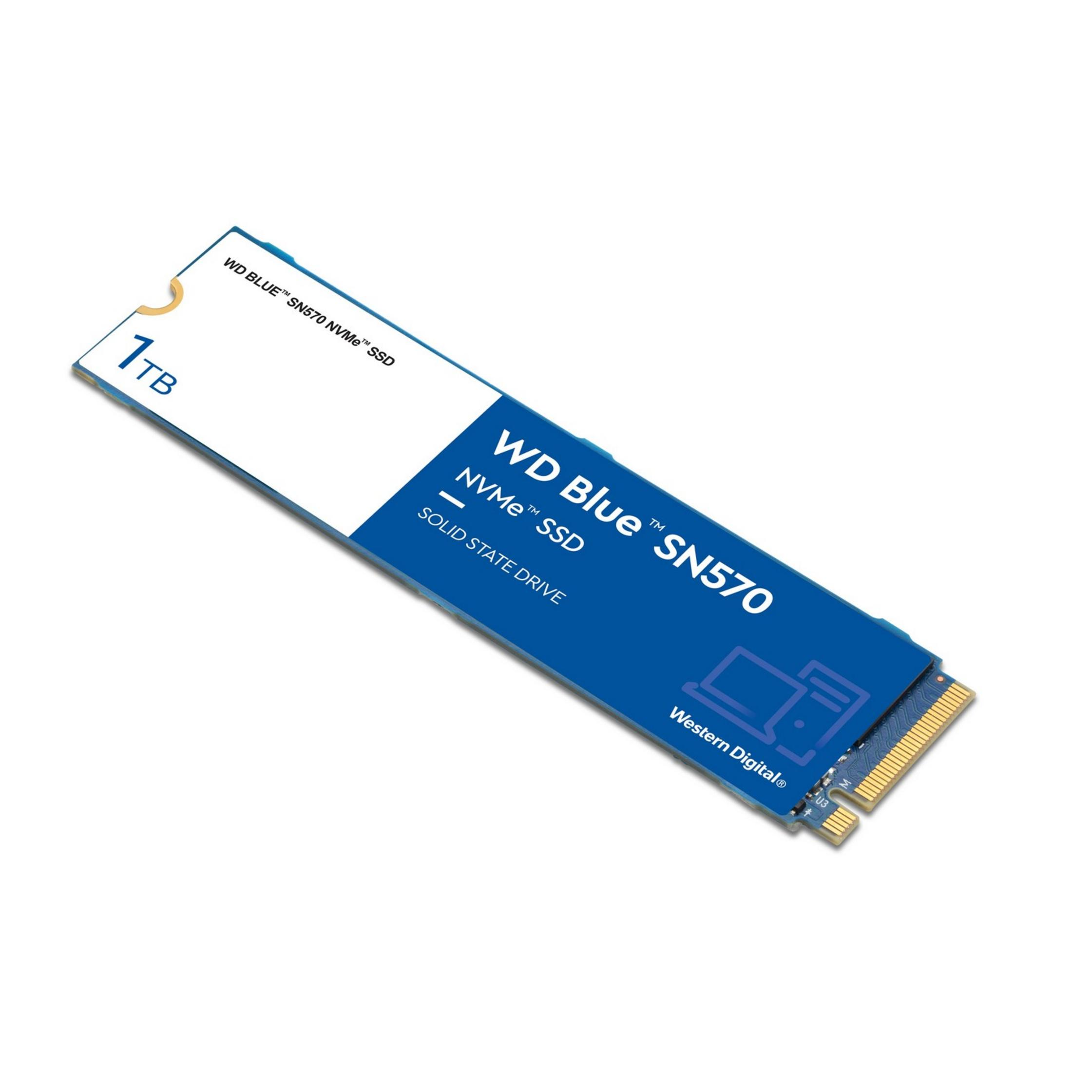Un SSD NVMe WD Blue SN570 da 1TB con connettore dorato su sfondo bianco.
