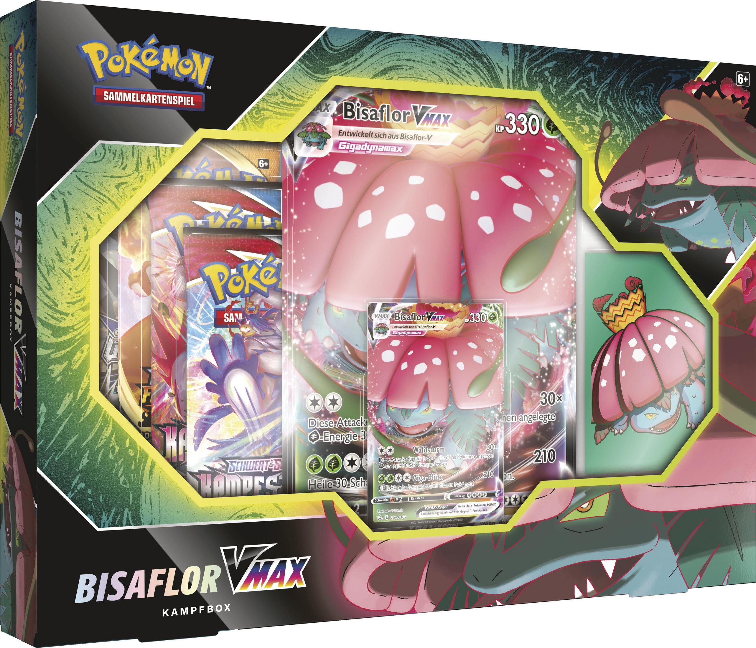Pokémon Sammelkartenspiel "Bisaflor VMAX" Kampfbox mit Karten und Spielzubehör.