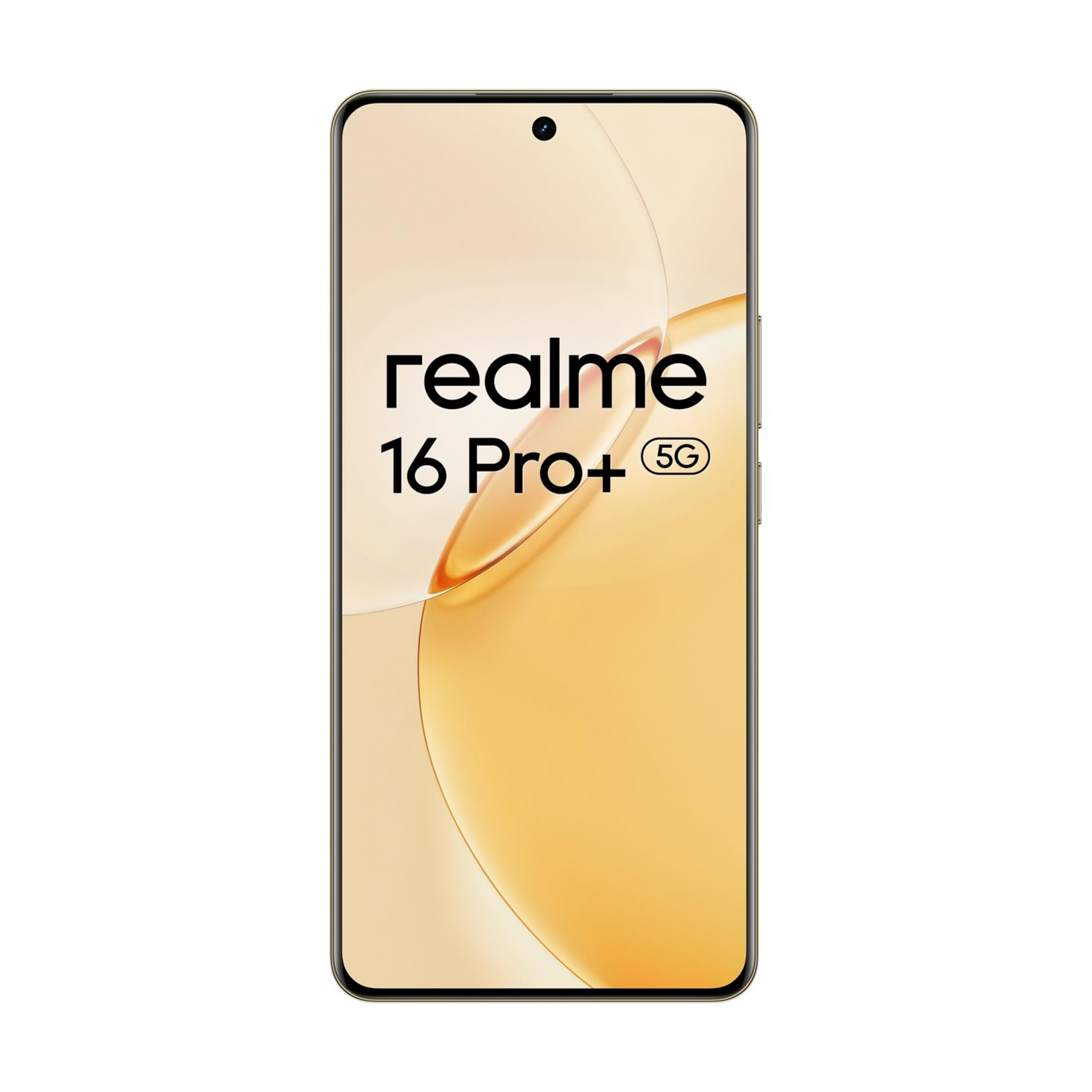 Ein goldener Realme 16 Pro+ 5G Smartphone mit einem Loch für die Kamera.