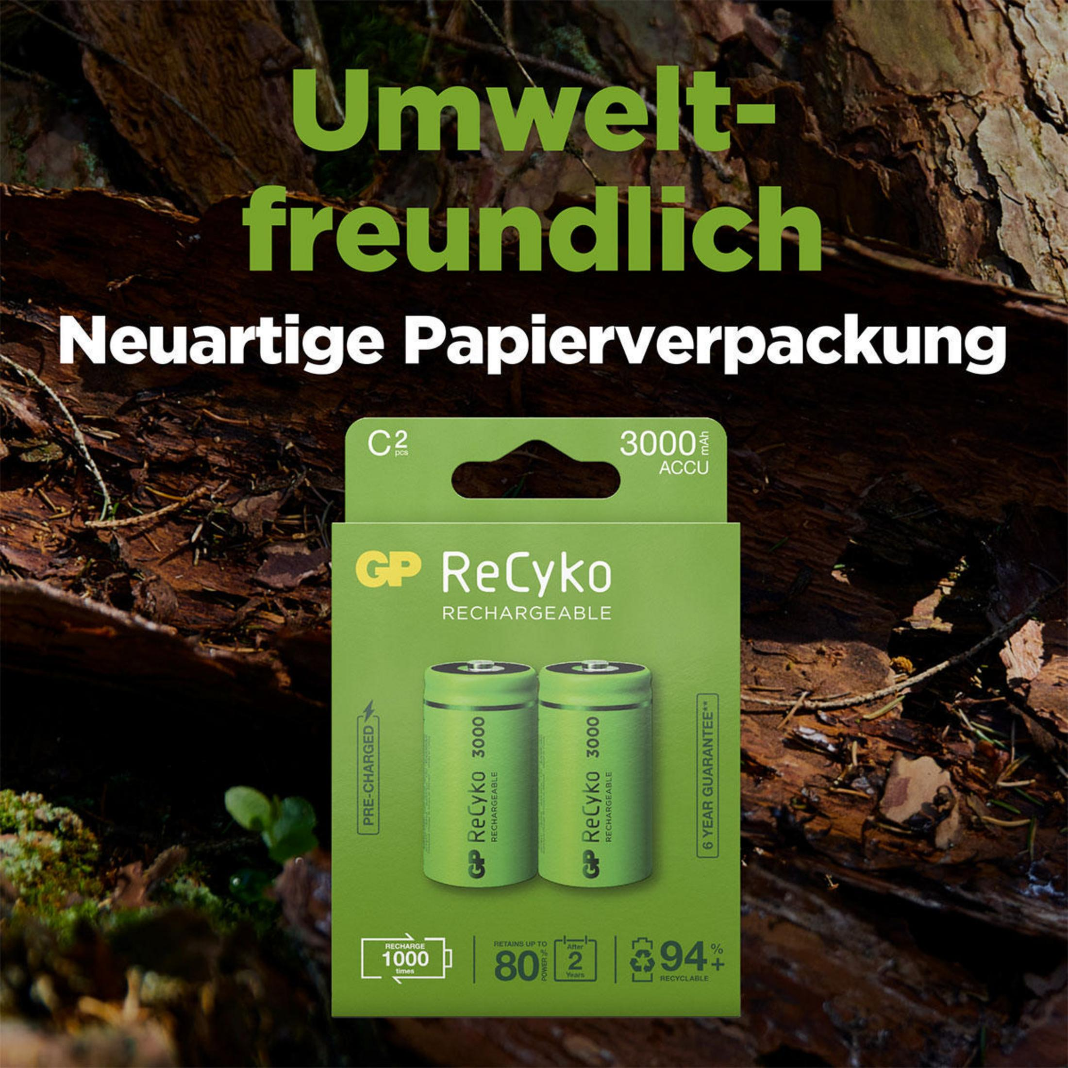 GP ReCyko Batterien in umweltfreundlicher Papierverpackung.