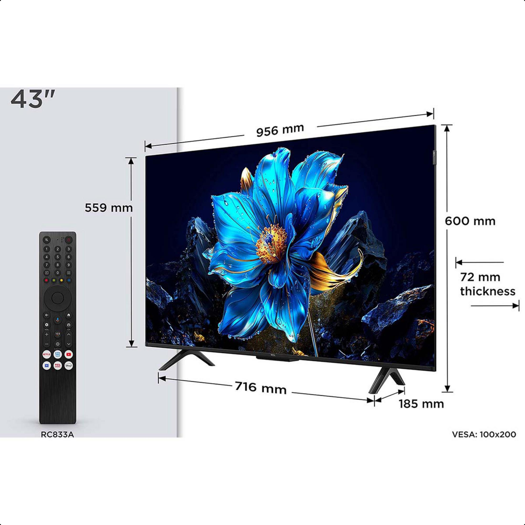 Téléviseur 43 pouces avec télécommande et dimensions.