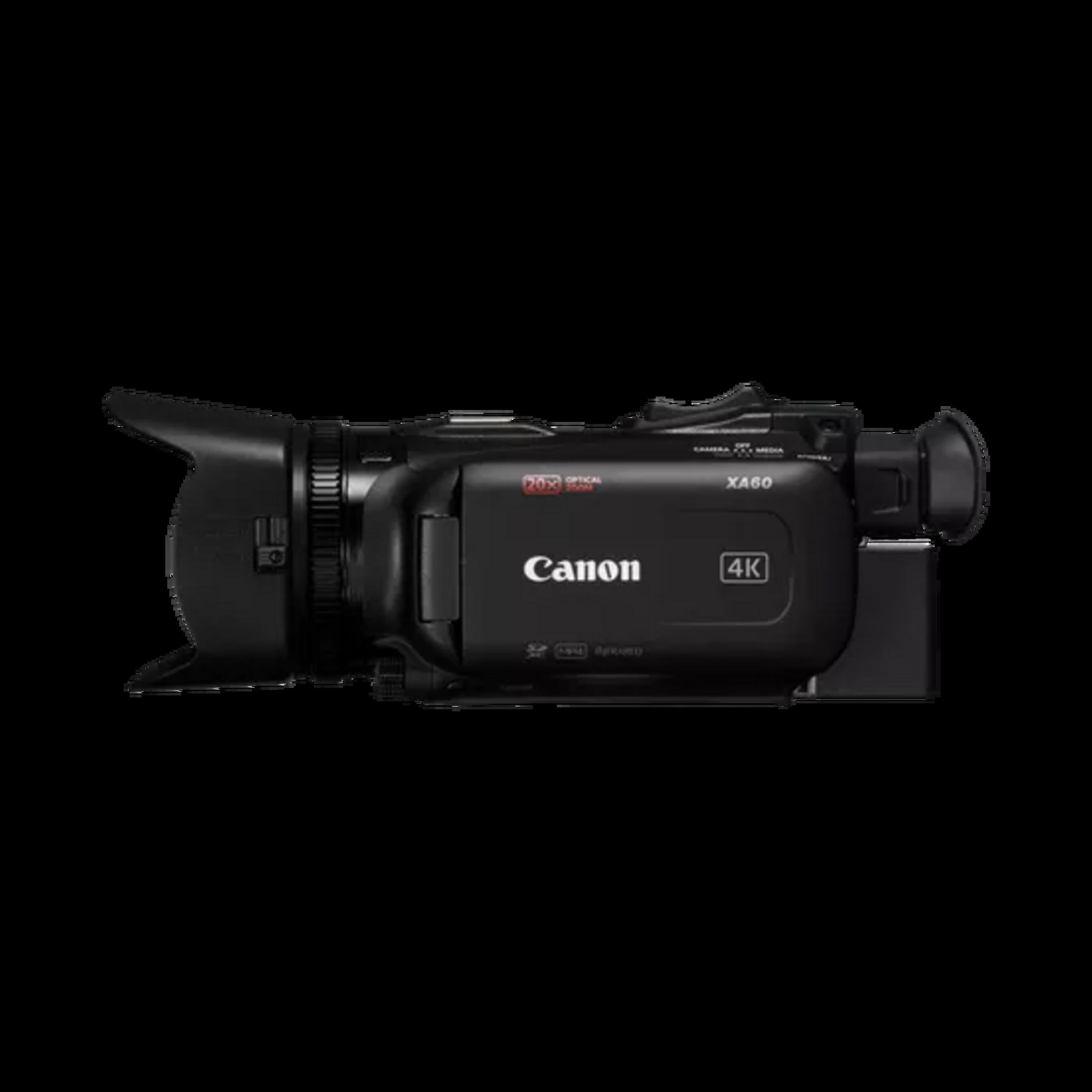 Schwarze Canon XA60 4K Videokamera mit optischem Zoom und Sonnenblende.