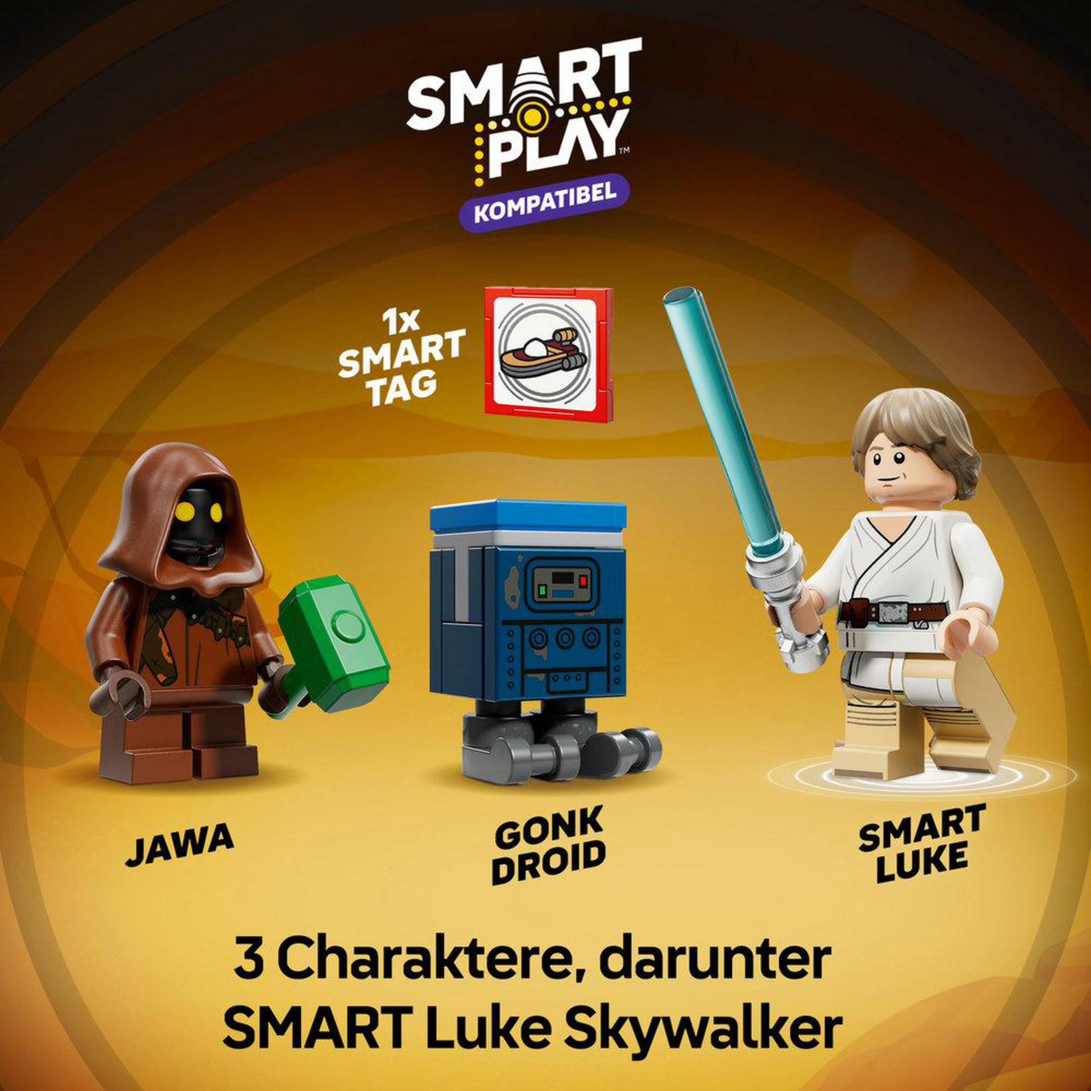Tre figure Lego: Jawa con martello, droide Gonk e Smart Luke con spada laser.