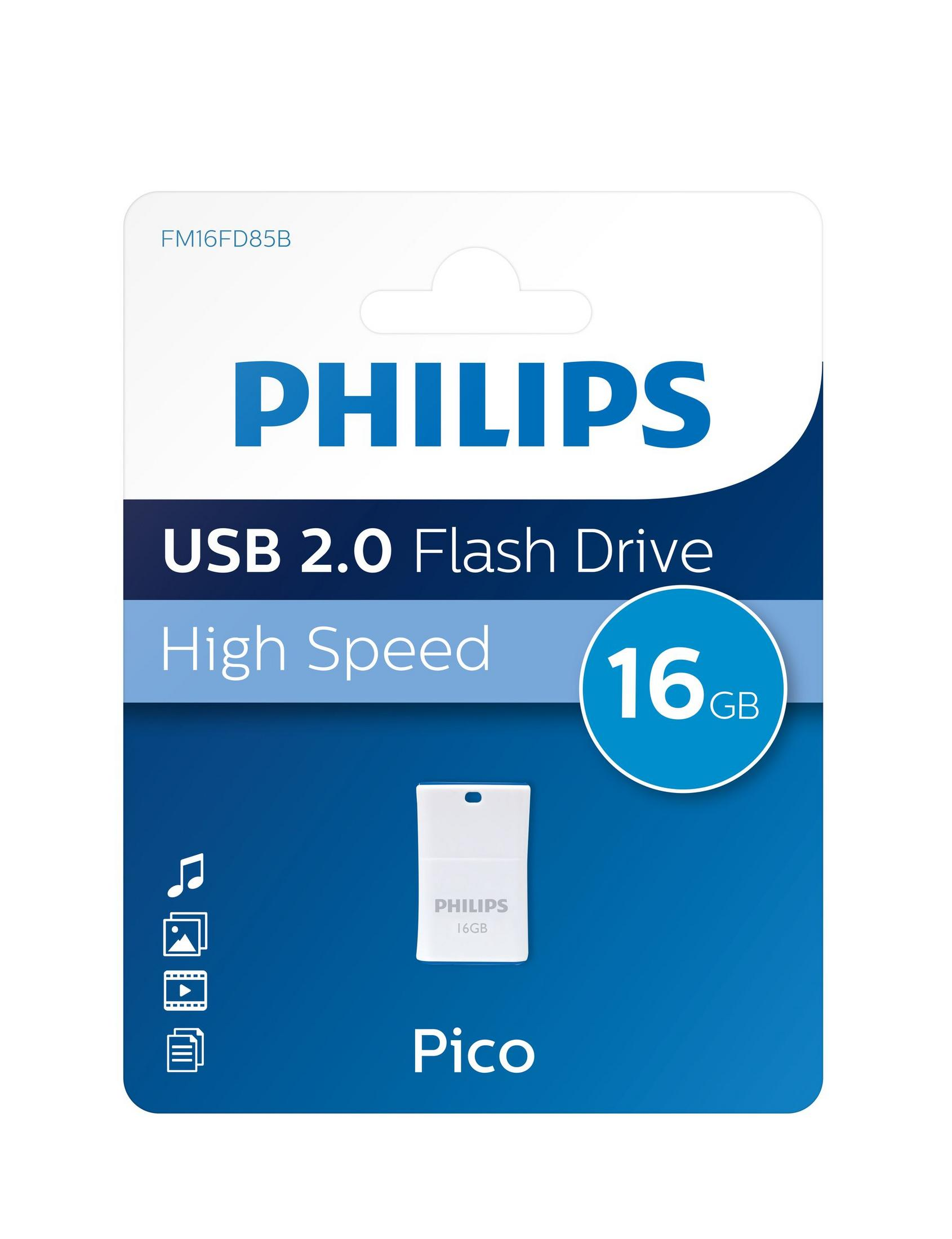 Chiavetta USB Philips 16GB USB 2.0 Alta Velocità Pico su sfondo bianco.