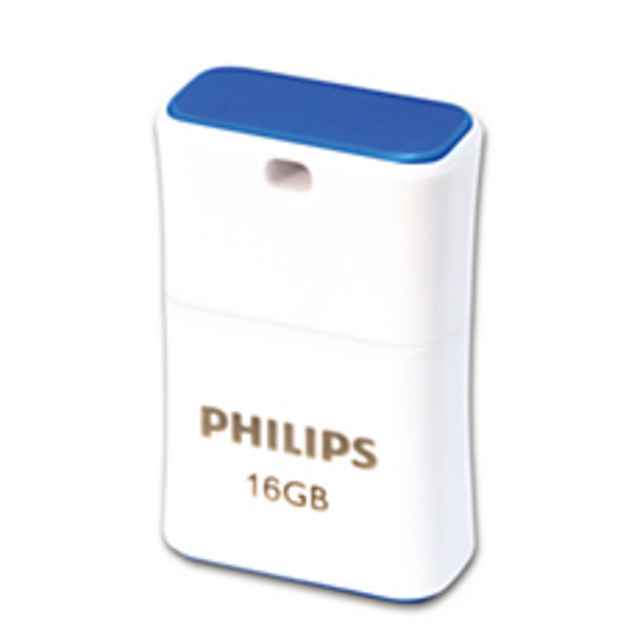 Una chiavetta USB Philips bianca da 16 GB con cappuccio blu.