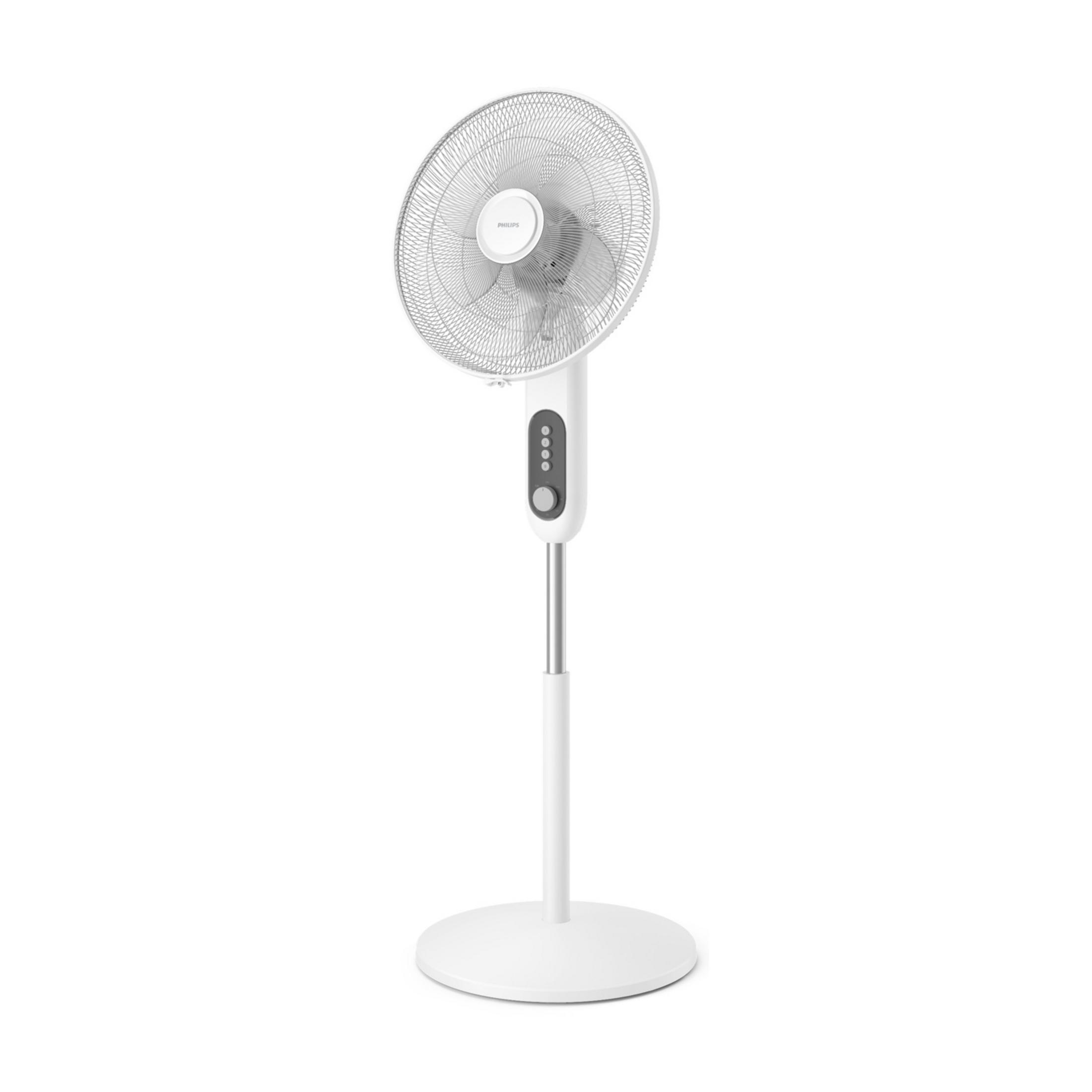 Een witte staande ventilator met ronde voet en bedieningspaneel.