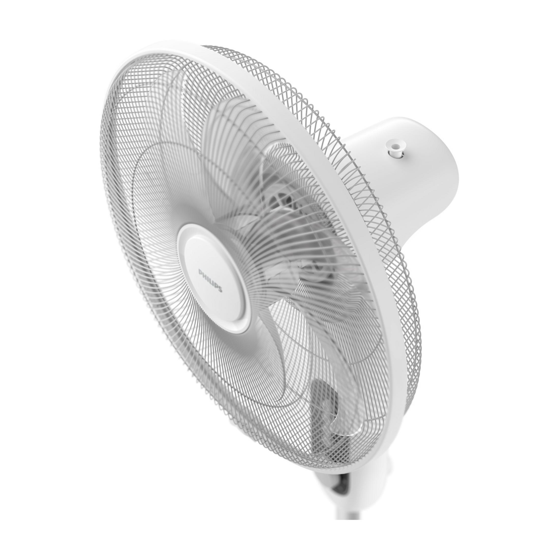 Een witte staande ventilator met draaiende bladen en beschermrooster.
