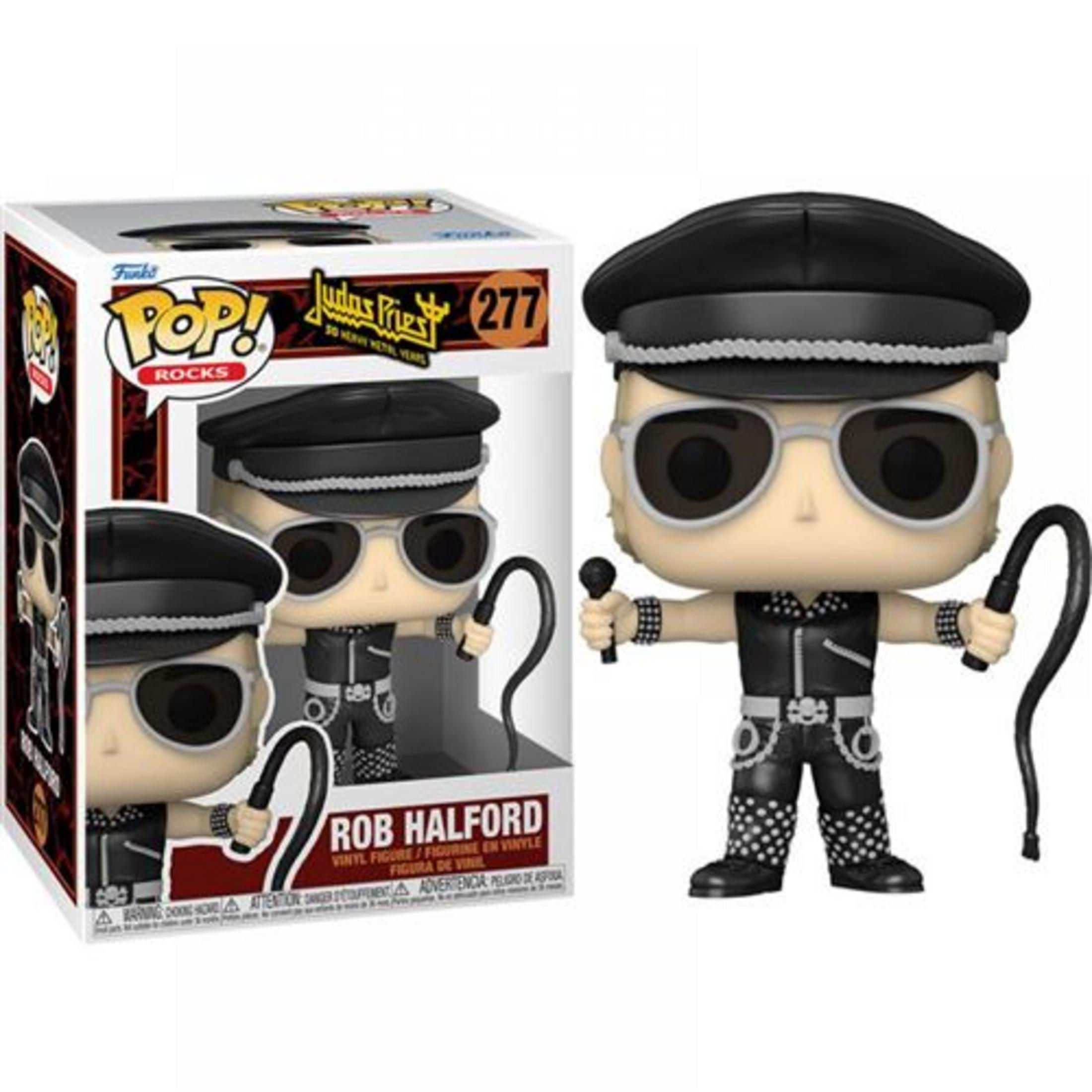 Funko Pop Rob Halford mit Mikrofon und Peitsche, in Lederkleidung.