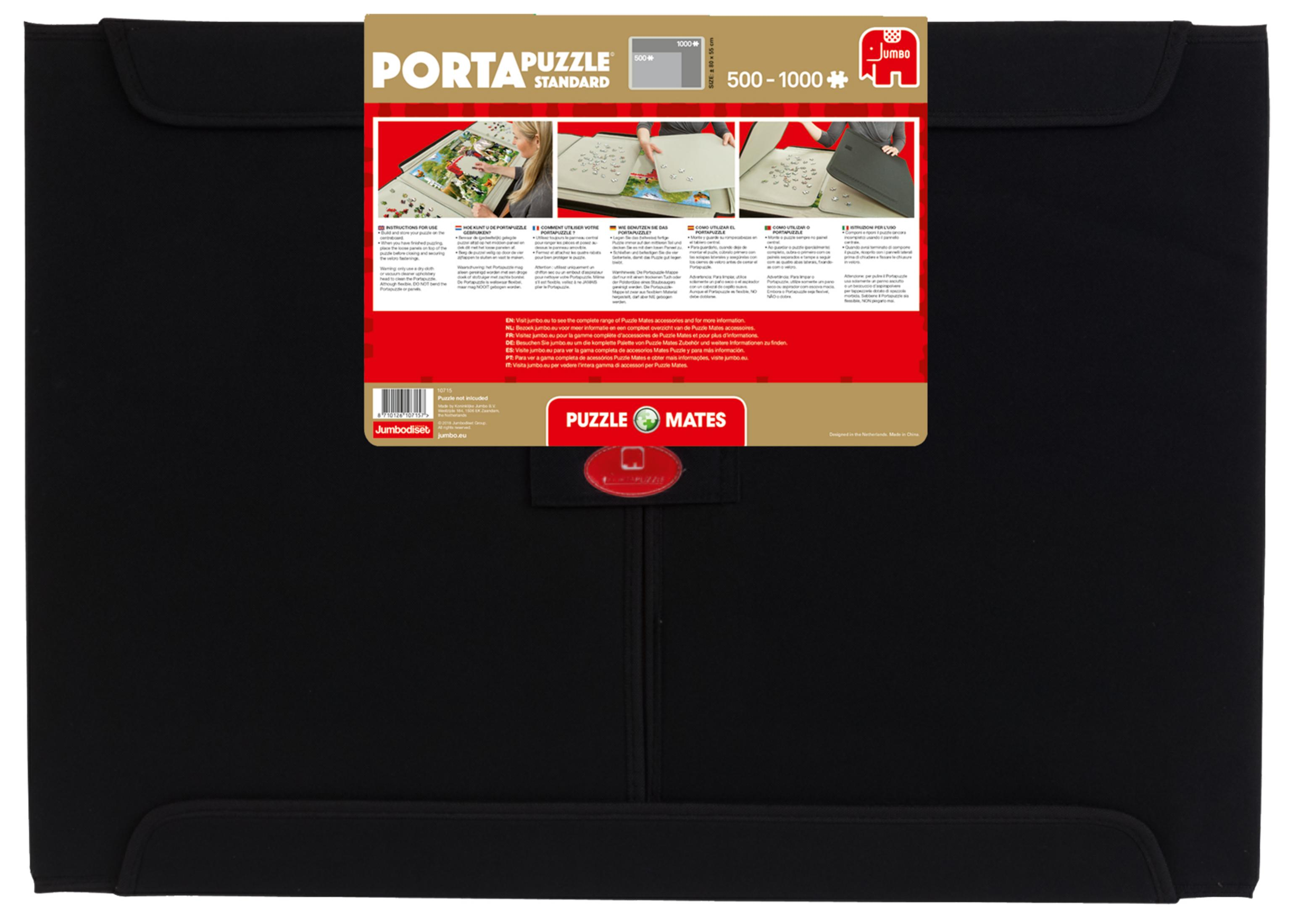 Black puzzle storage case with product information and instructions.