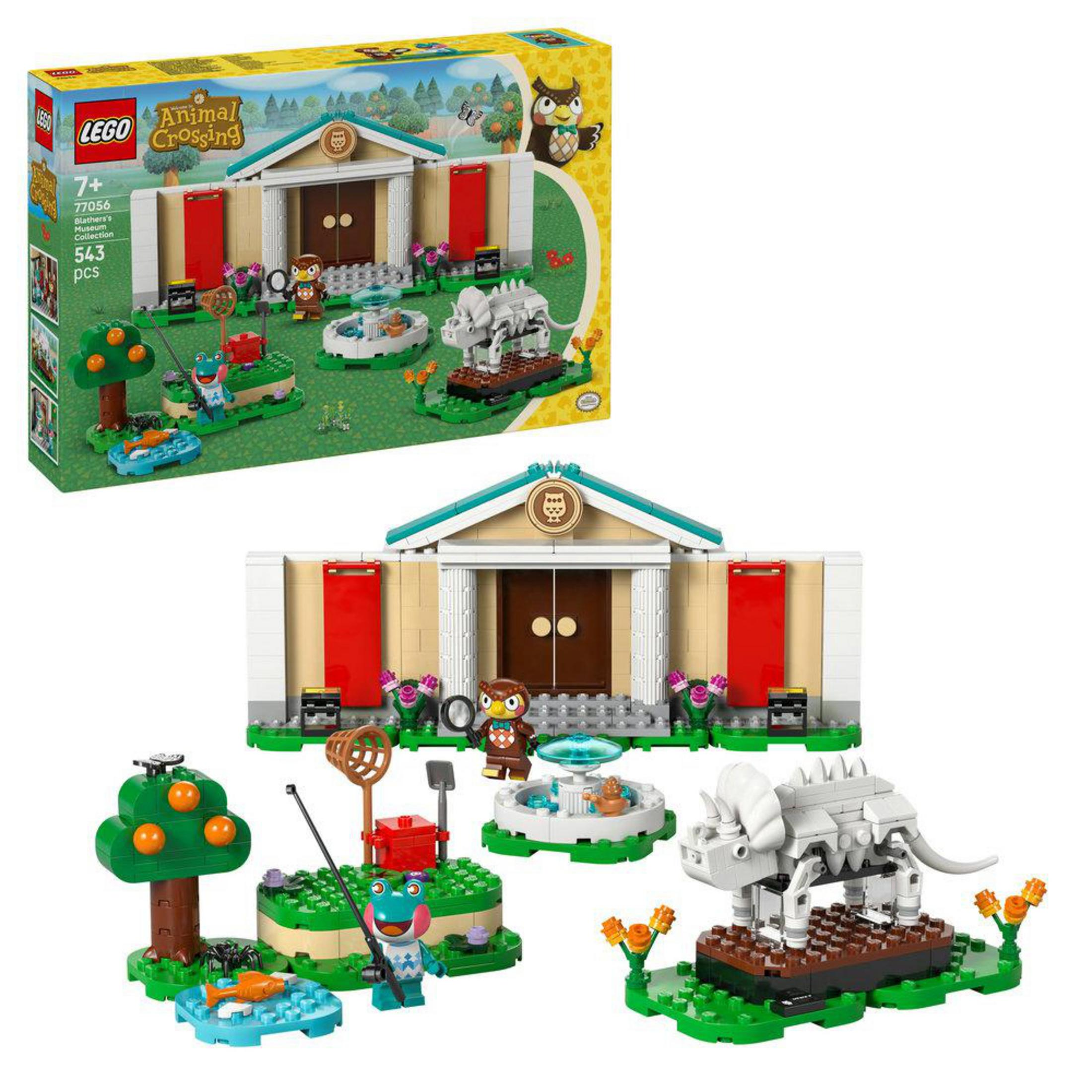 Museo LEGO Animal Crossing con figure, fossile e albero.