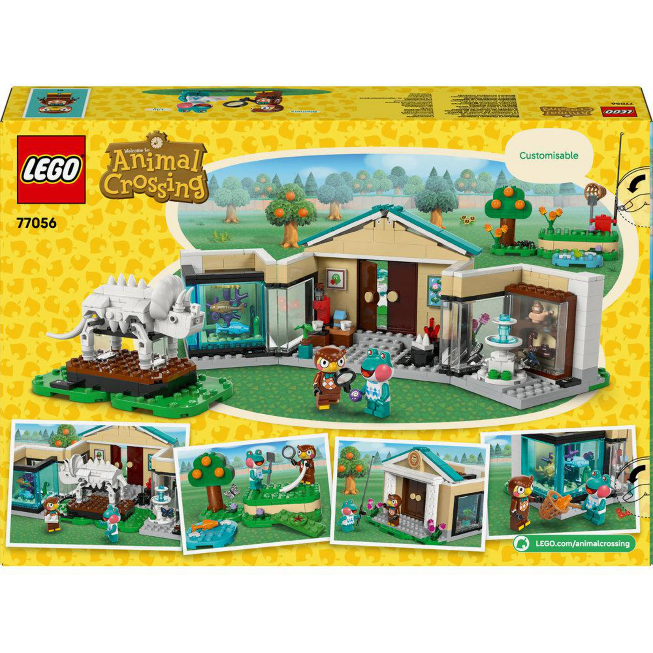 Set LEGO con casa, scheletro di dinosauro, figure e giardino.