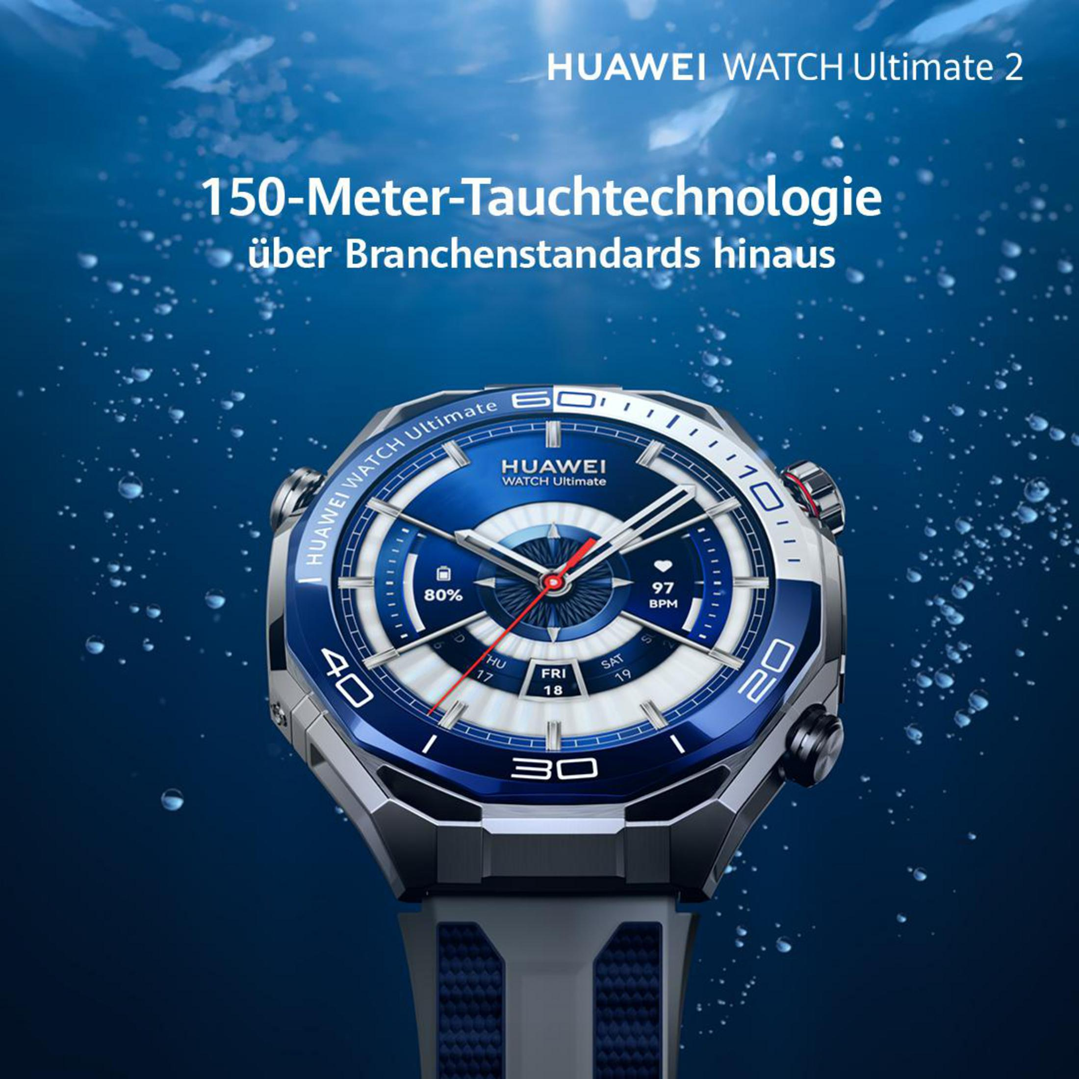 Huawei Watch Ultimate 2 con tecnologia subacquea da 150m in acqua blu.