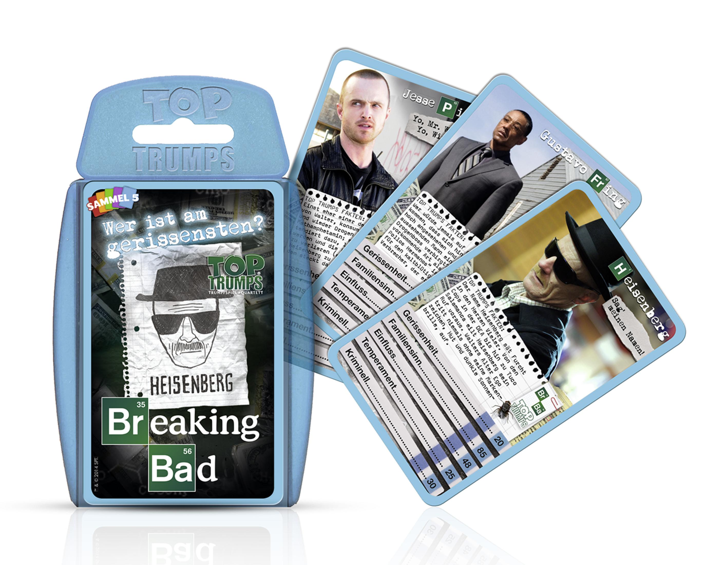 Breaking Bad Top Trumps Karten und Verpackung mit Charakteren wie Heisenberg, Jesse und Gus.