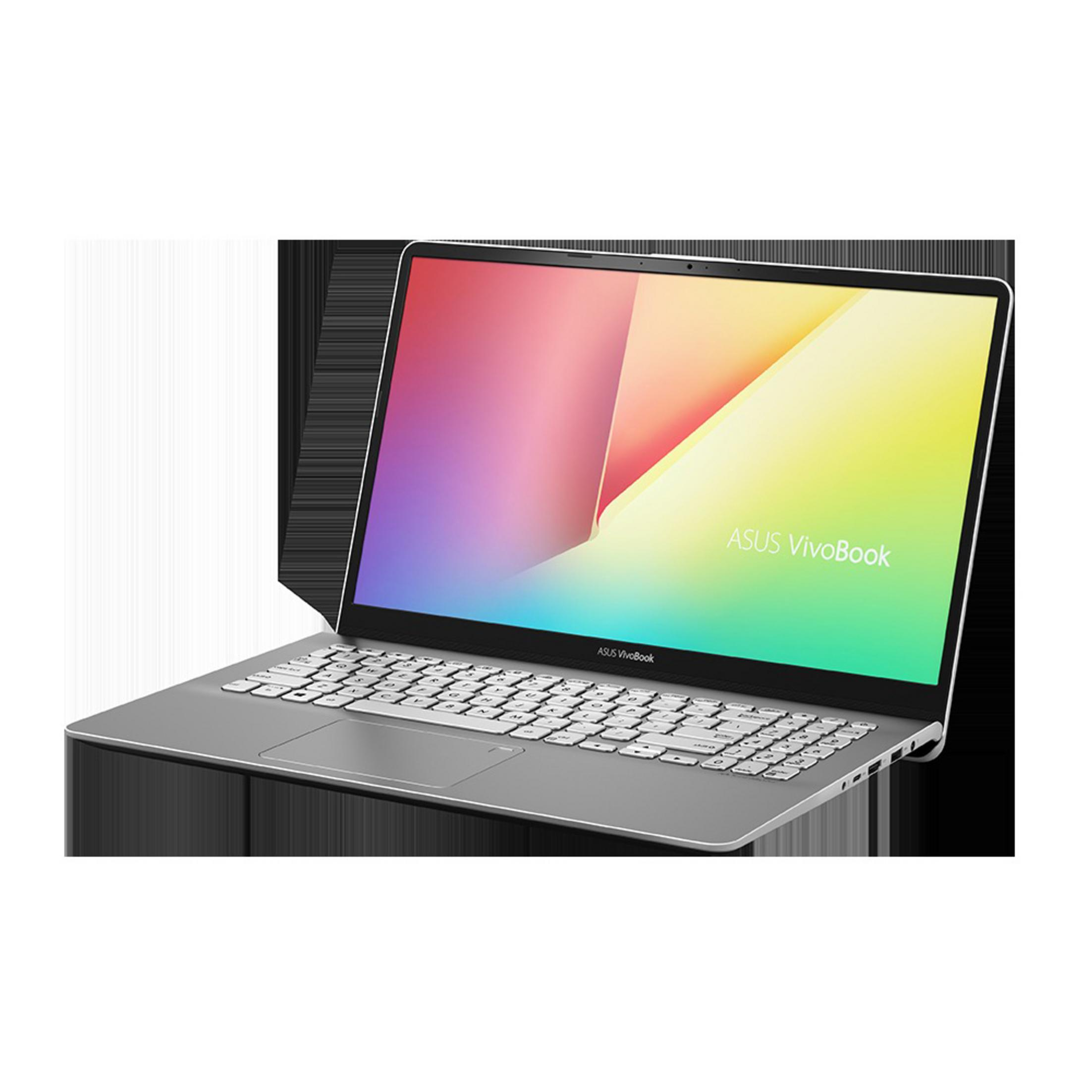 Ein silberner ASUS VivoBook Laptop mit einem bunten Bildschirm und Tastatur.