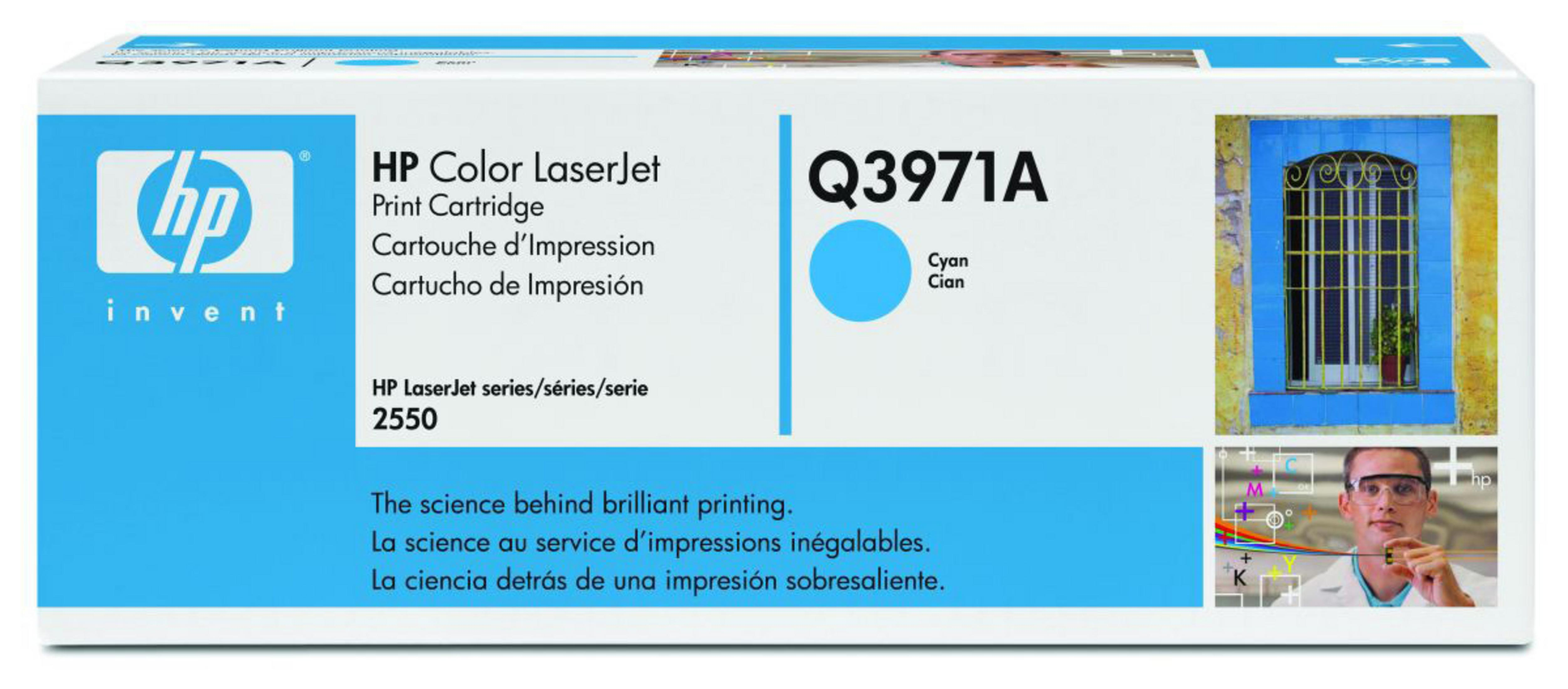 Scatola cartuccia stampa HP LaserJet Q3971A Ciano con testo e immagini.