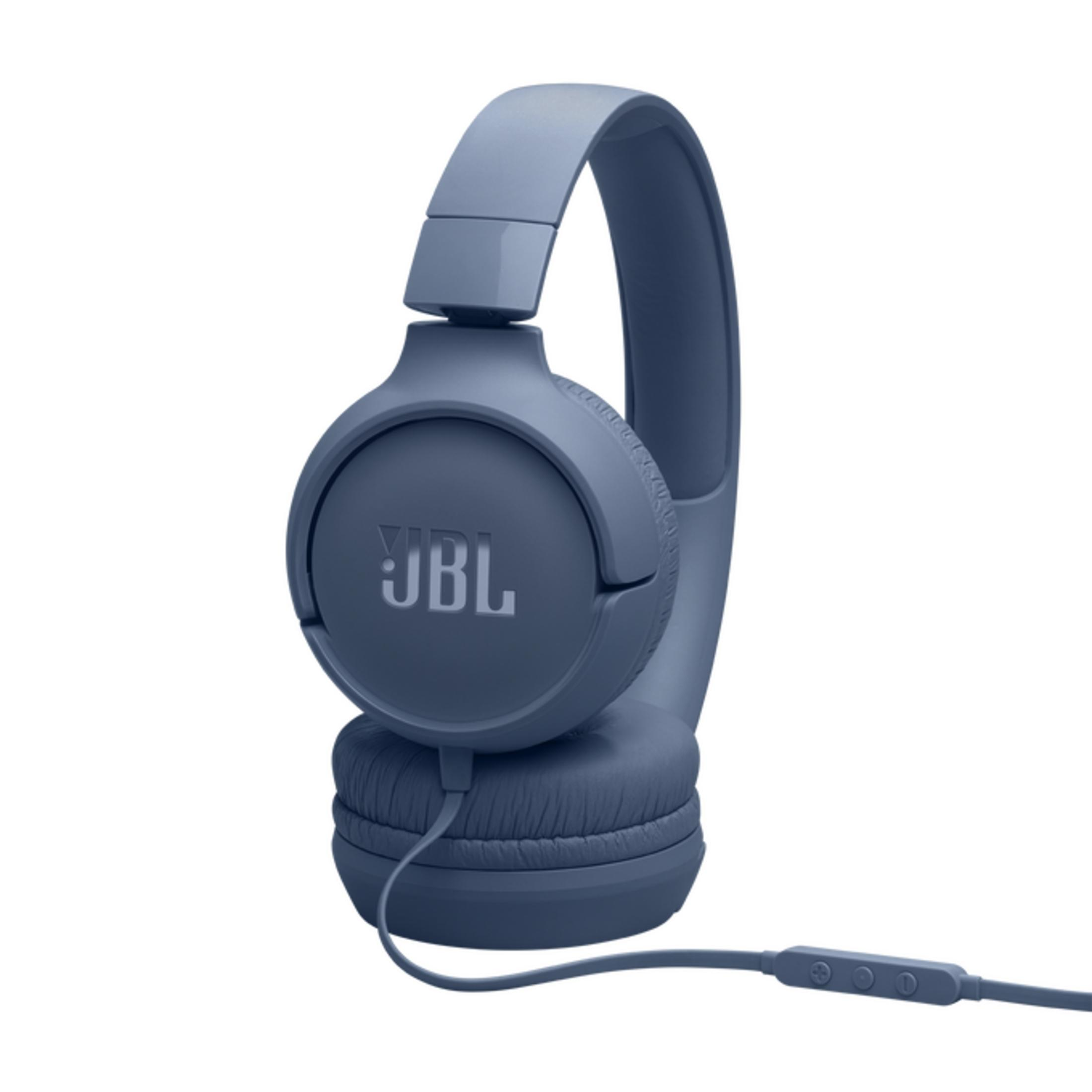 Cuffie JBL blu cablate con telecomando in linea su sfondo bianco.