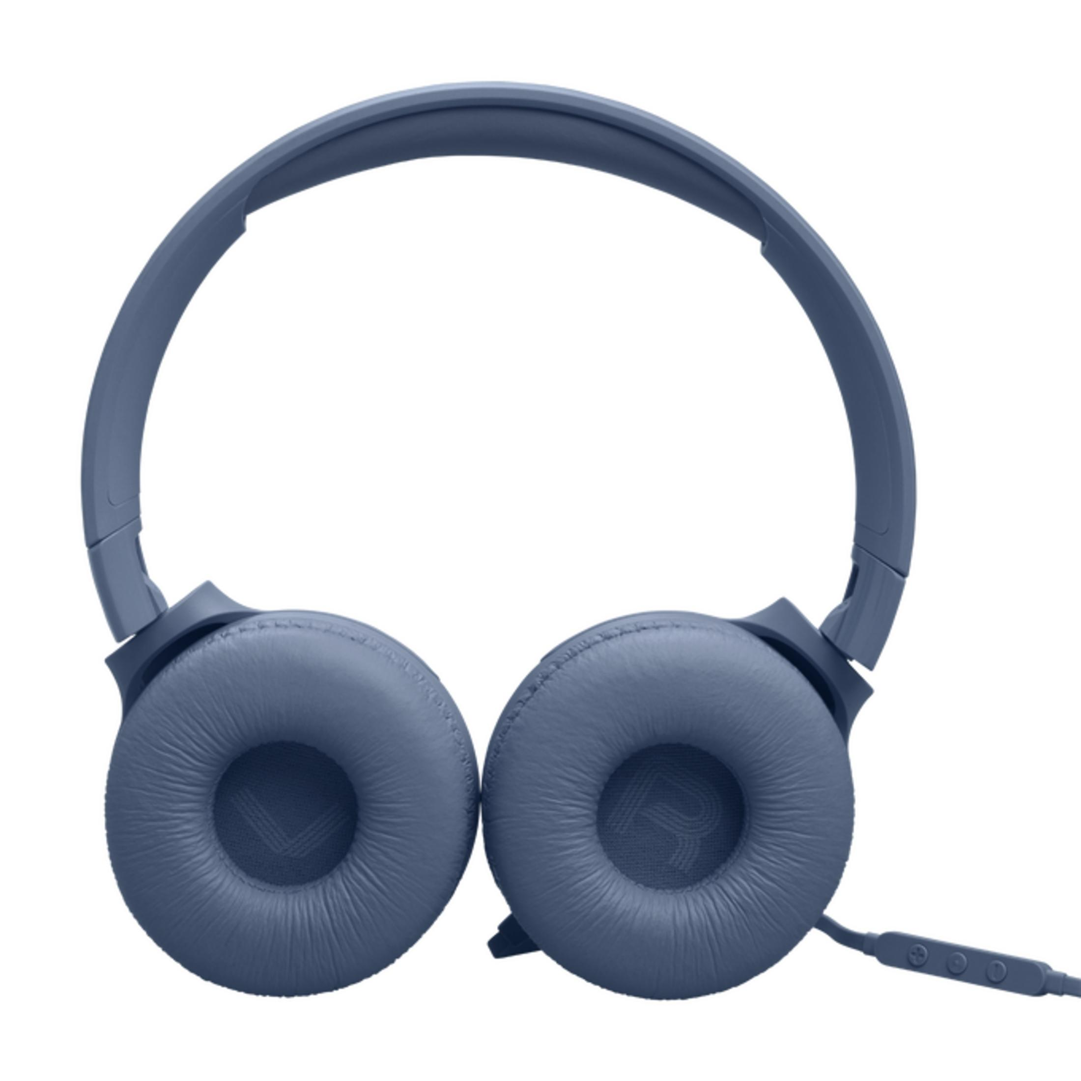 Cuffie blu con padiglioni imbottiti e cavo con controlli.