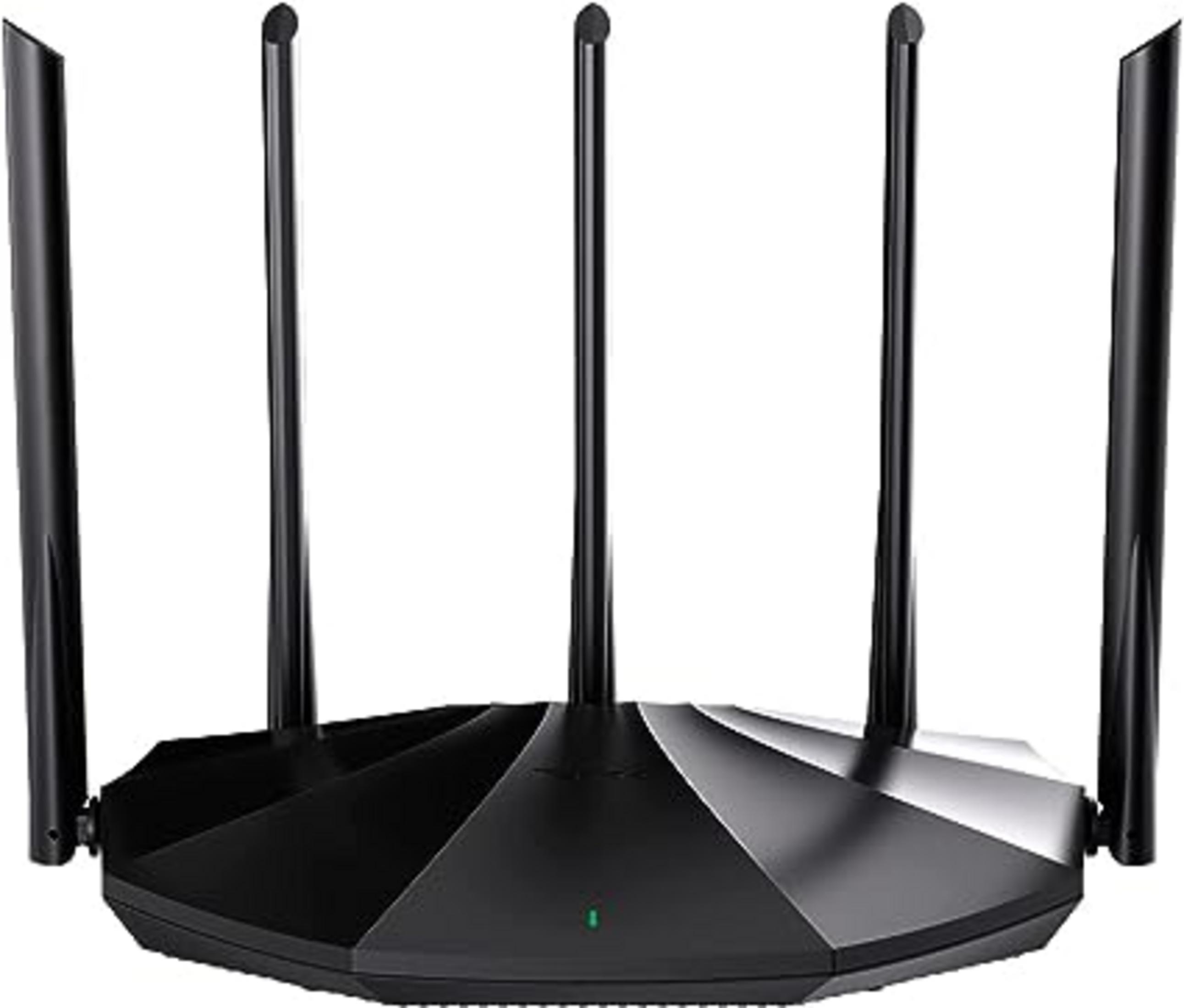 Un router Wi-Fi nero con cinque antenne, una luce verde accesa.