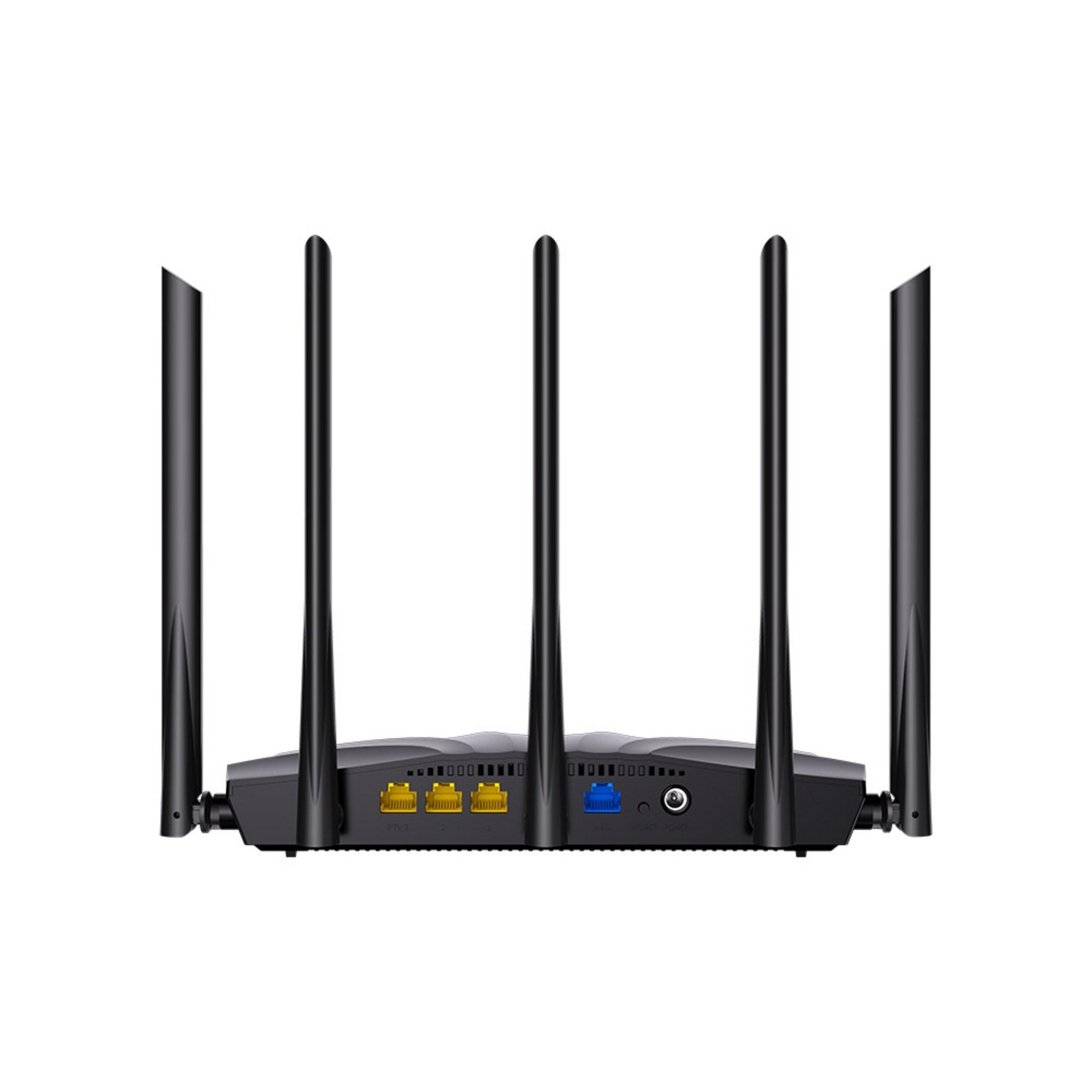 Router nero con quattro antenne e più porte LAN sul retro.