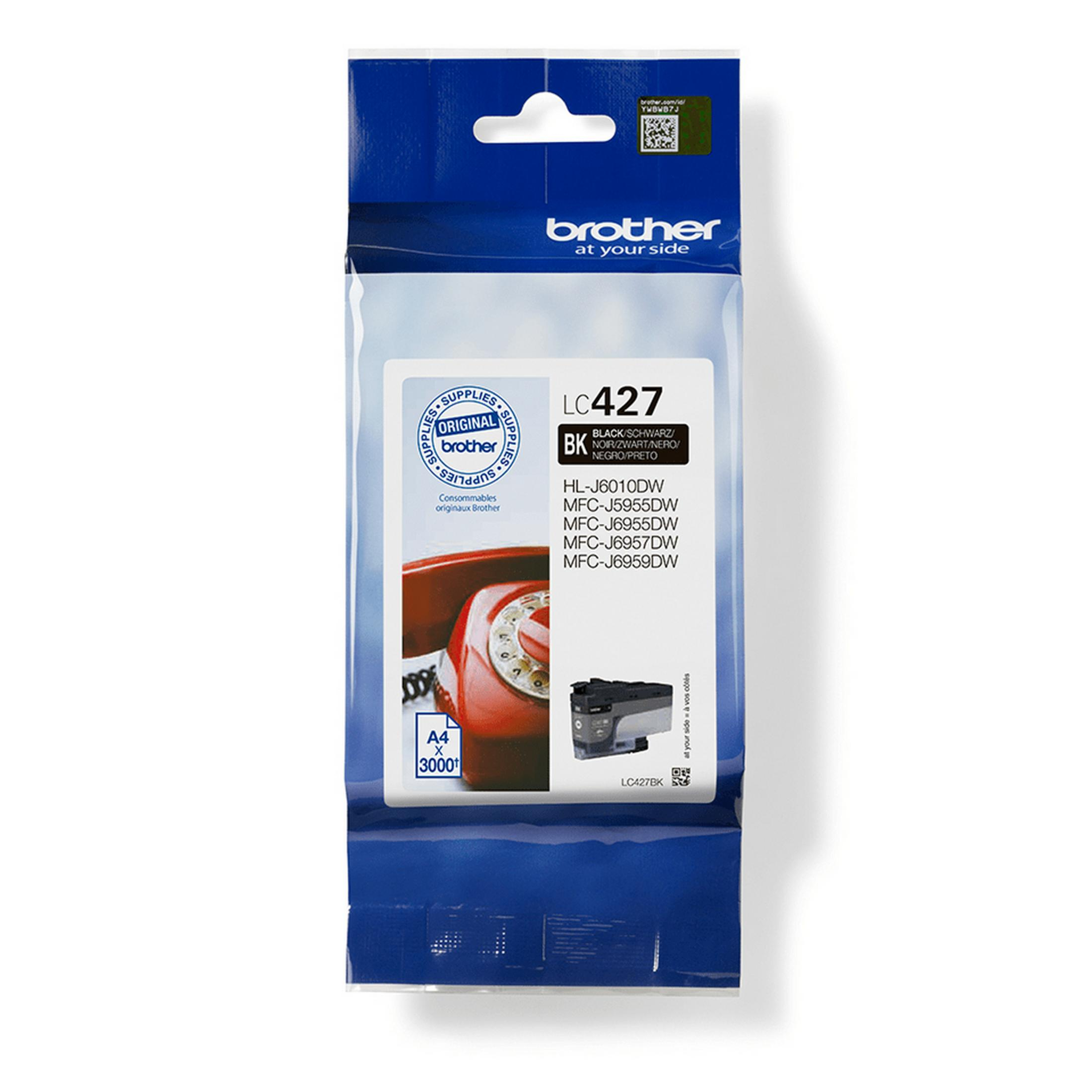 Verpakking Brother LC427 zwarte inktcartridge met A4-symbool en rode telefoon.
