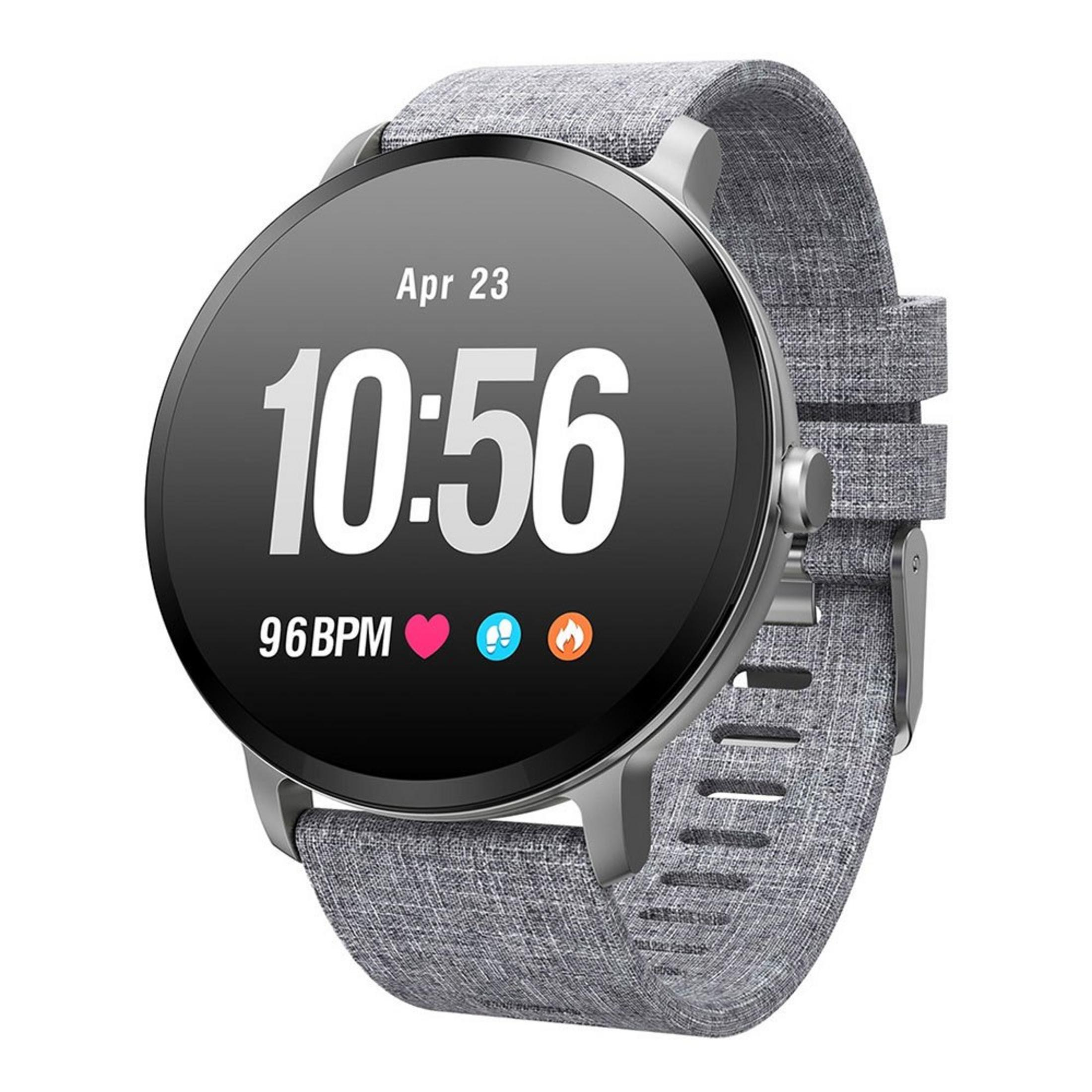 Uno smartwatch grigio mostra 10:56, 23 apr, 96 BPM, icone cuore, passi e fuoco.
