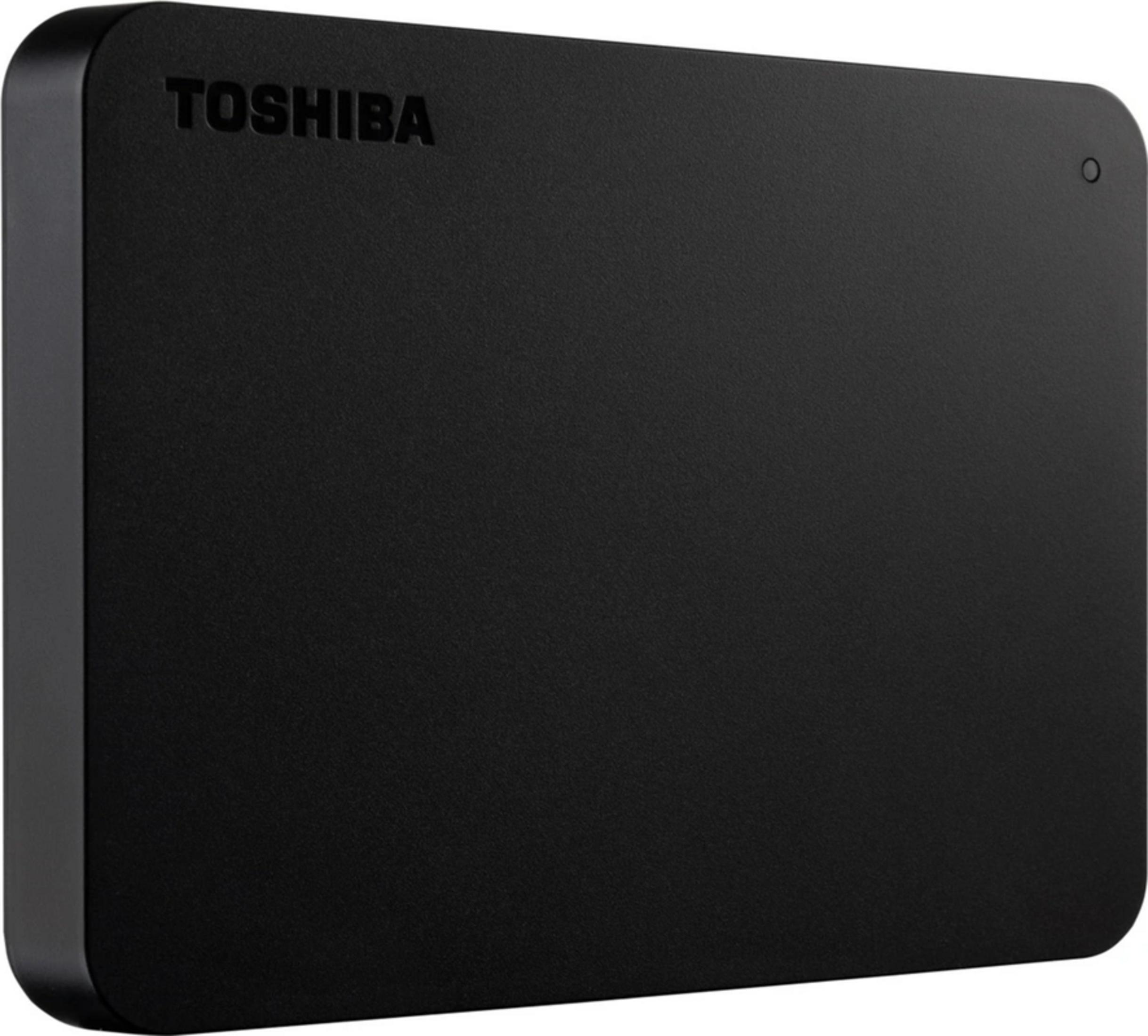 Hard disk esterno Toshiba nero con superficie spazzolata e un piccolo cerchio.