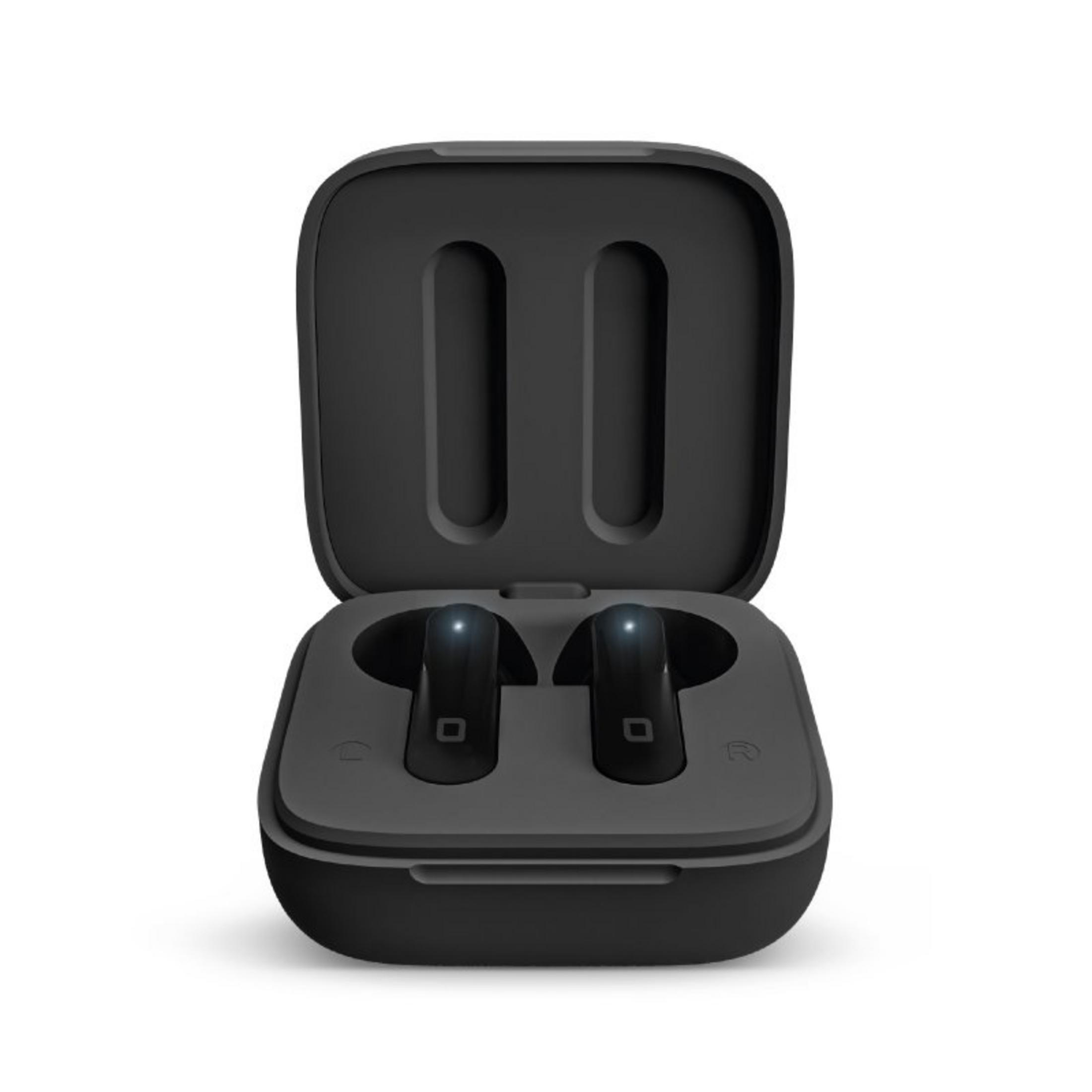 Custodia di ricarica nera con due auricolari wireless all'interno.