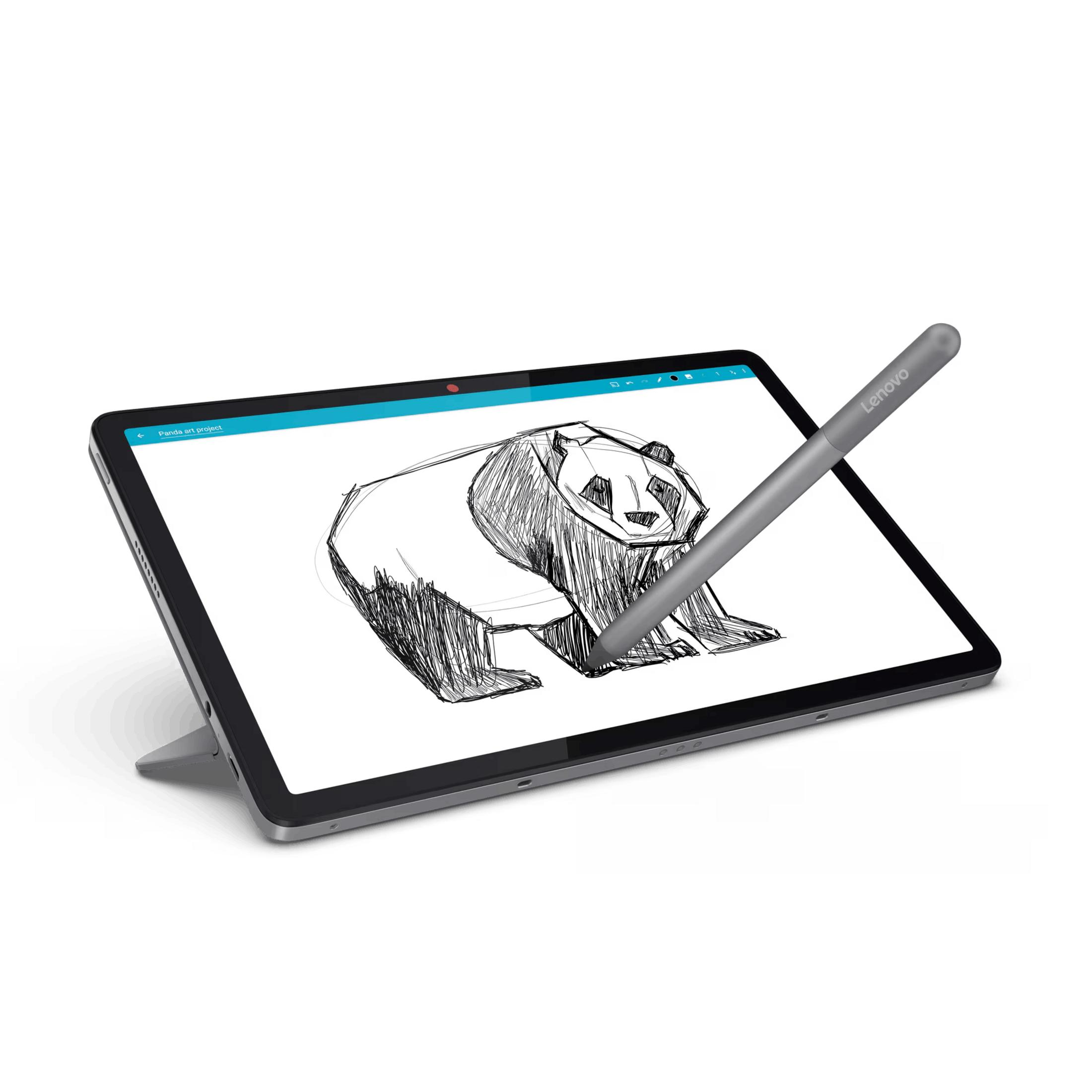 Uno stilo grigio disegna un panda su un tablet con supporto.