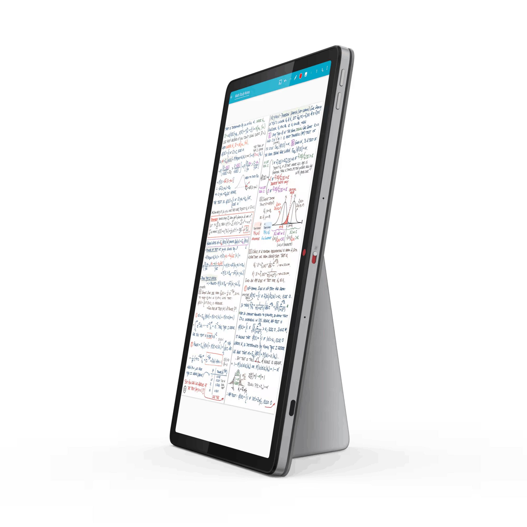 Un tablet che visualizza appunti e formule matematiche, appoggiato su un supporto.
