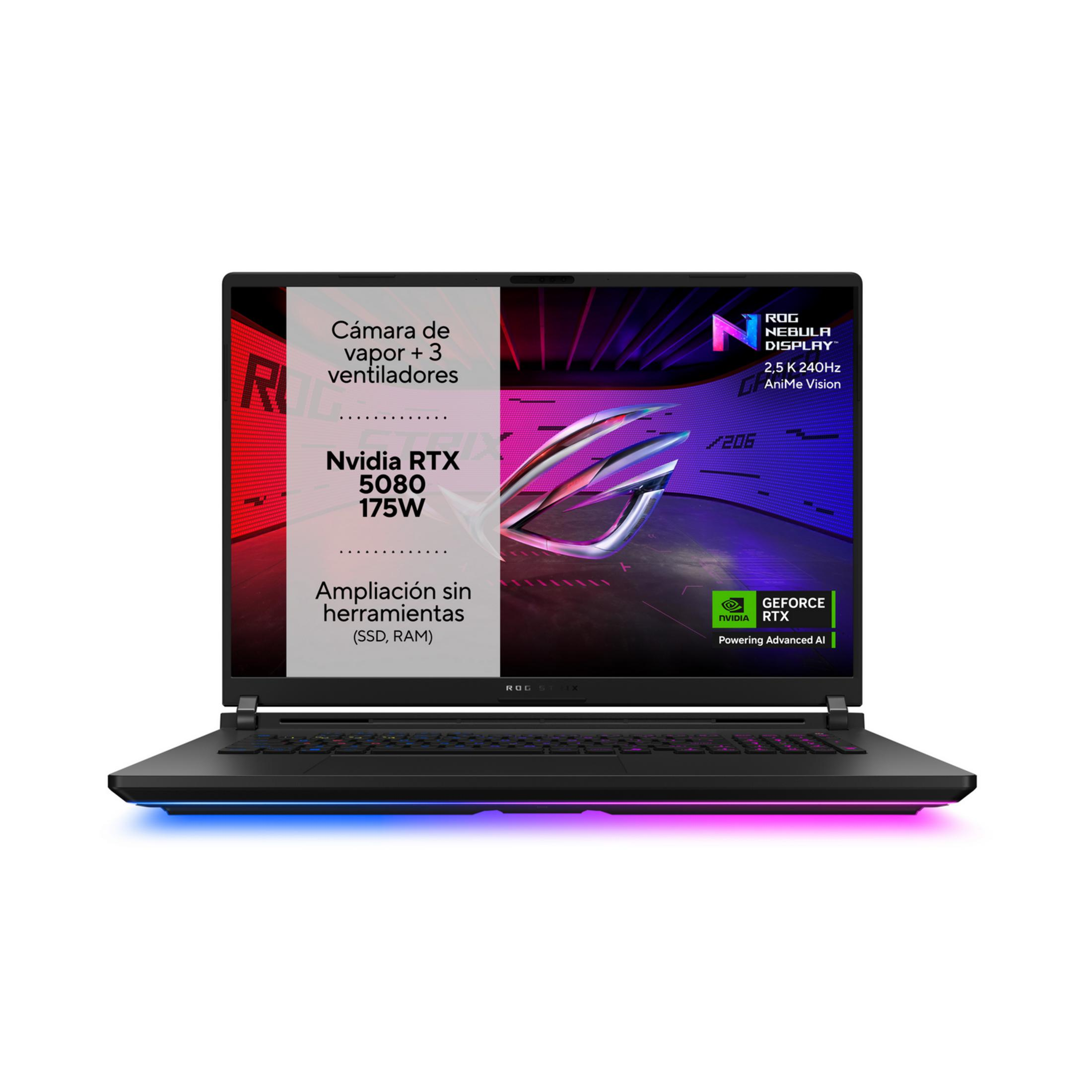 Portátil gaming negro con iluminación RGB, especificaciones Nvidia RTX 5080 y refrigeración por cámara de vapor.