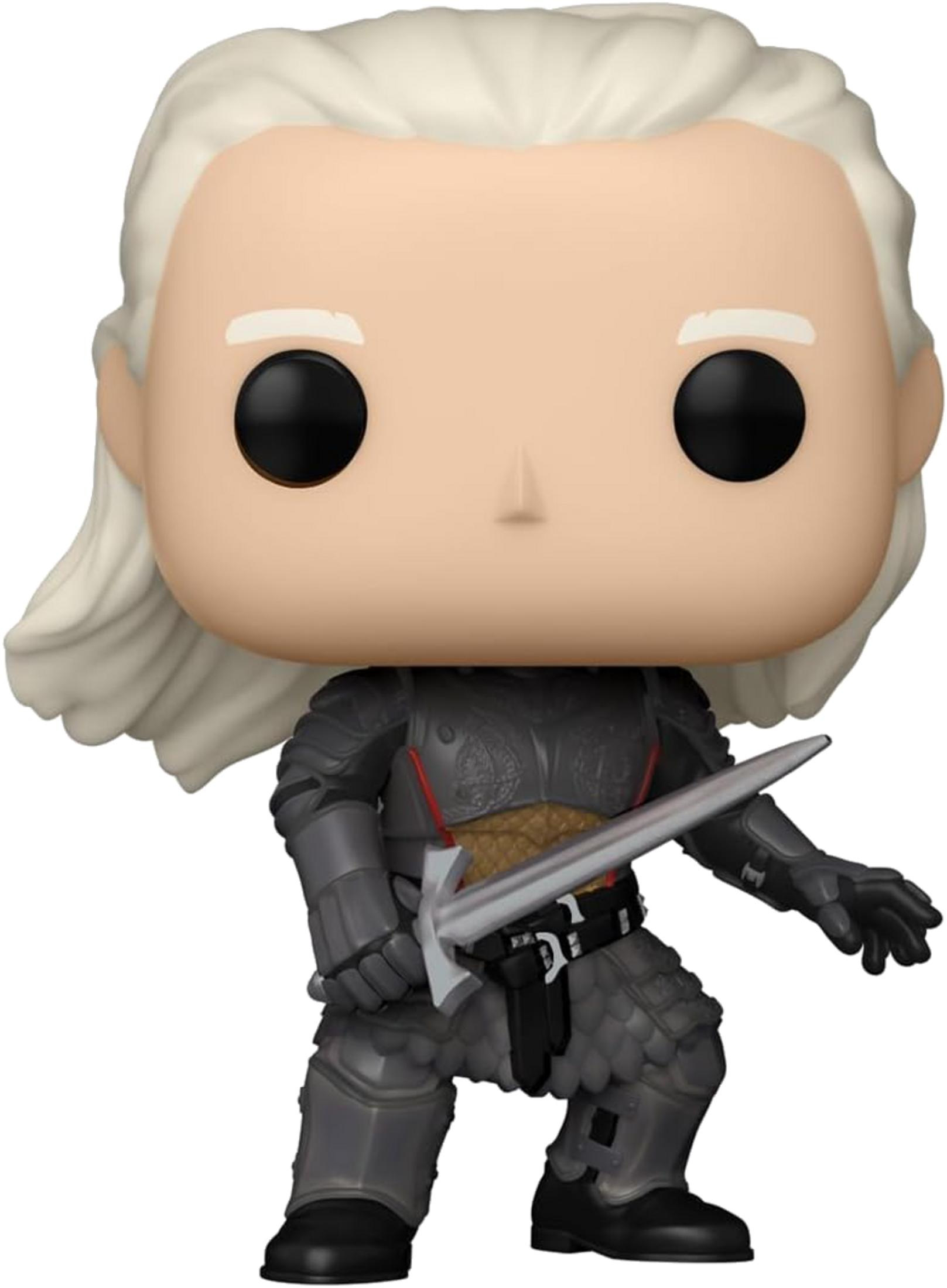 Figura con pelo blanco, ojos negros, armadura gris y espada.