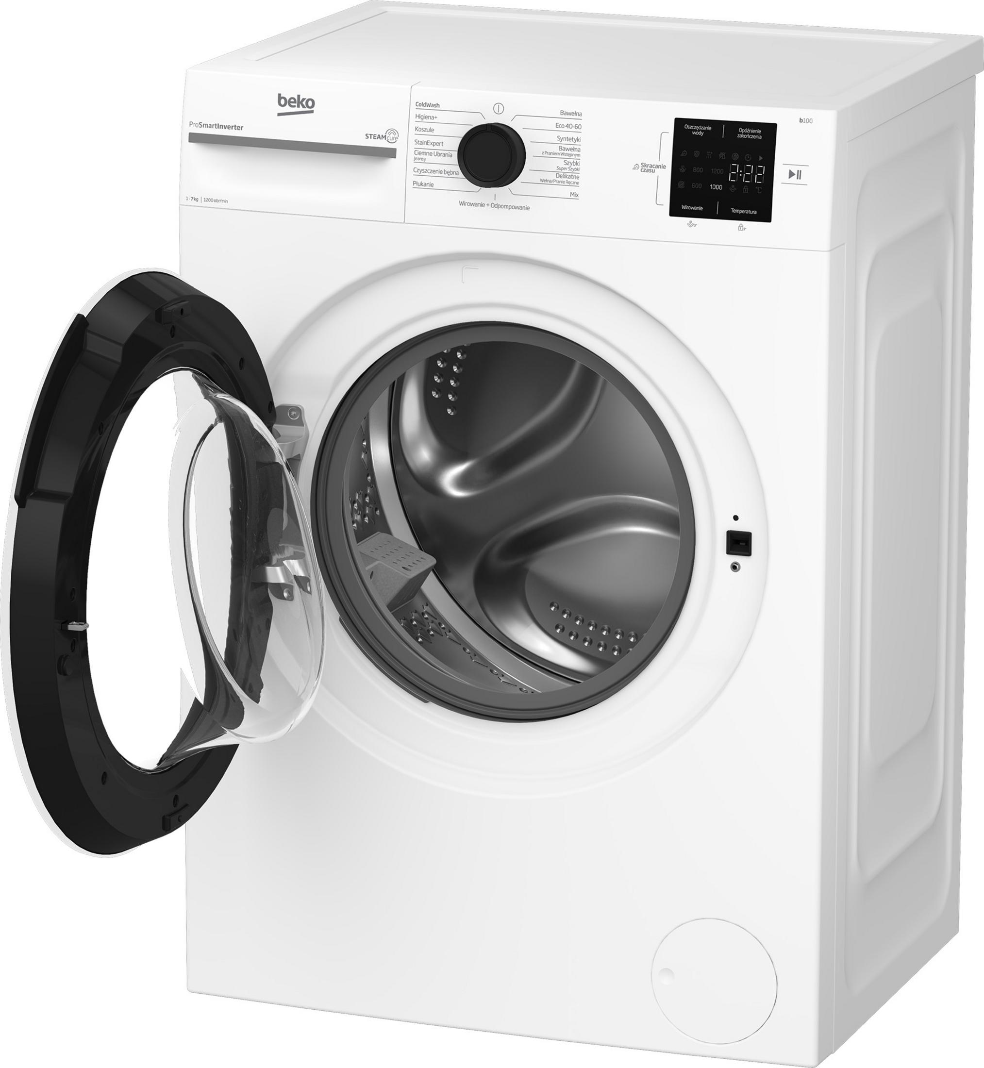 Lavatrice Beko bianca con oblò aperto, cestello e pannello di controllo.