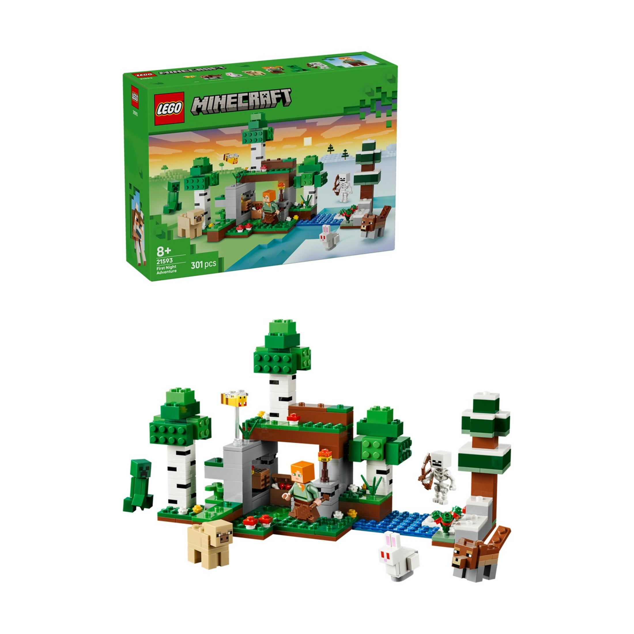 Set LEGO Minecraft con figuras, animales y árboles sobre base verde con agua azul.