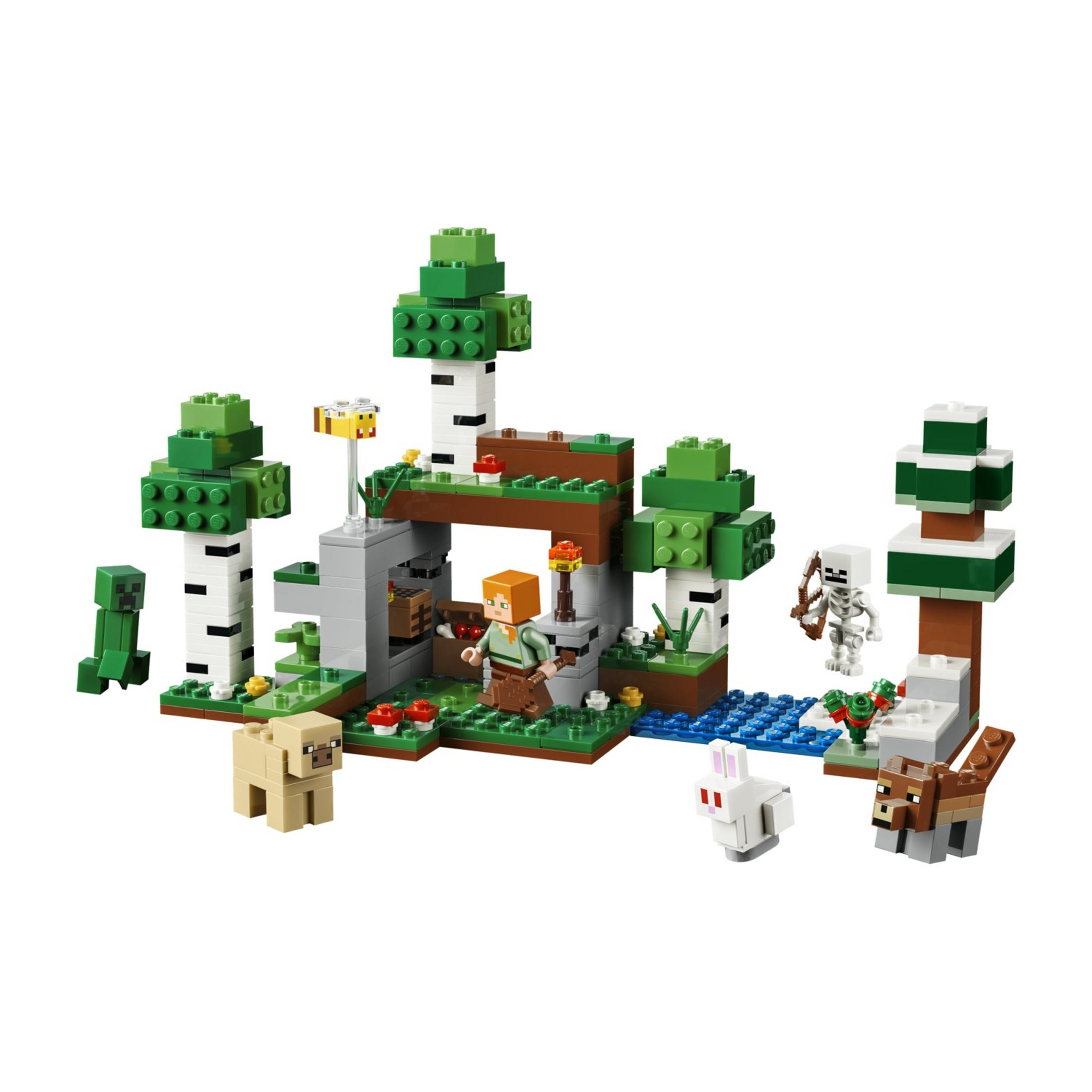 Escena de Minecraft con Alex, animales, esqueleto y estructuras.