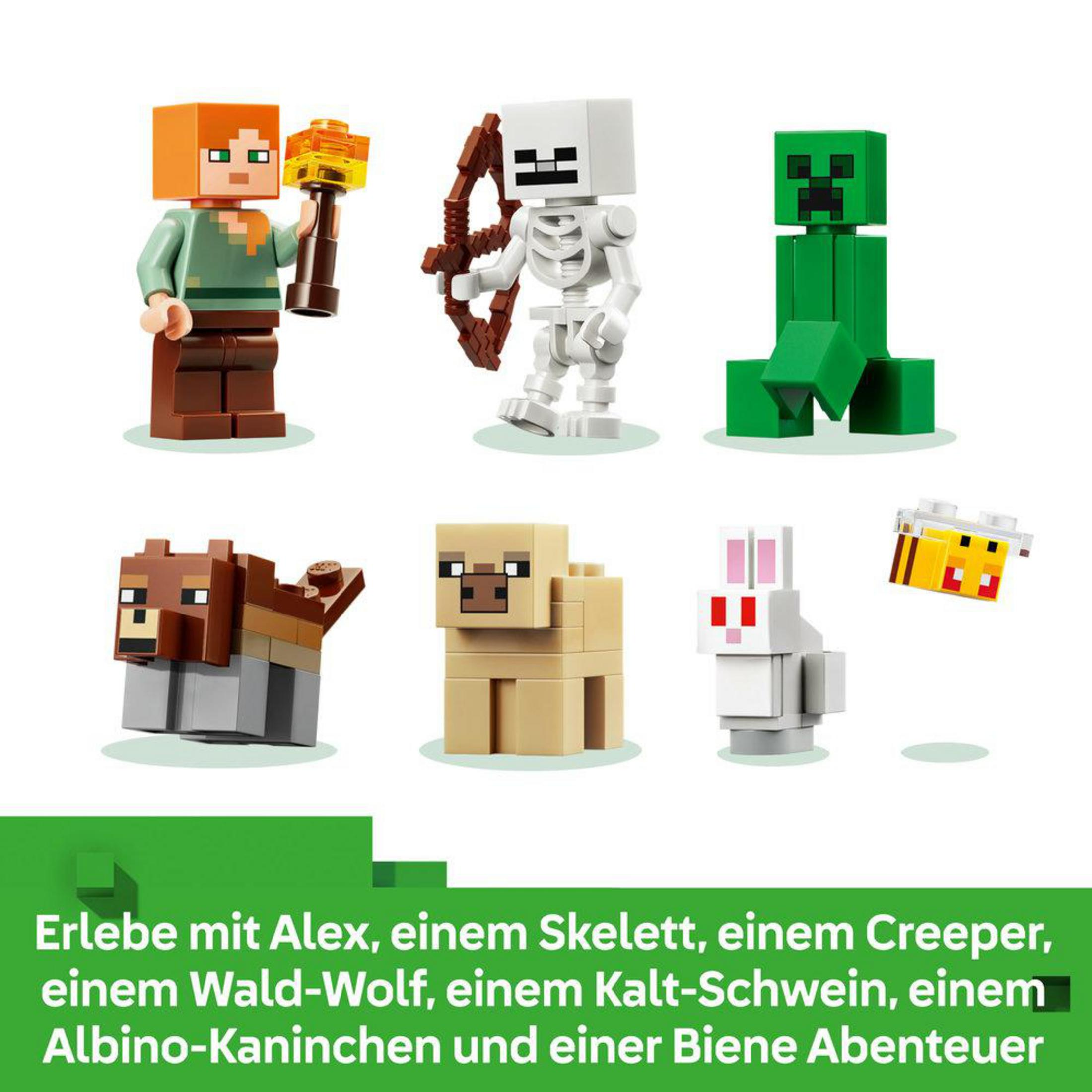 Figuras LEGO: Alex, esqueleto, Creeper, lobo, cerdo, conejo, abeja.